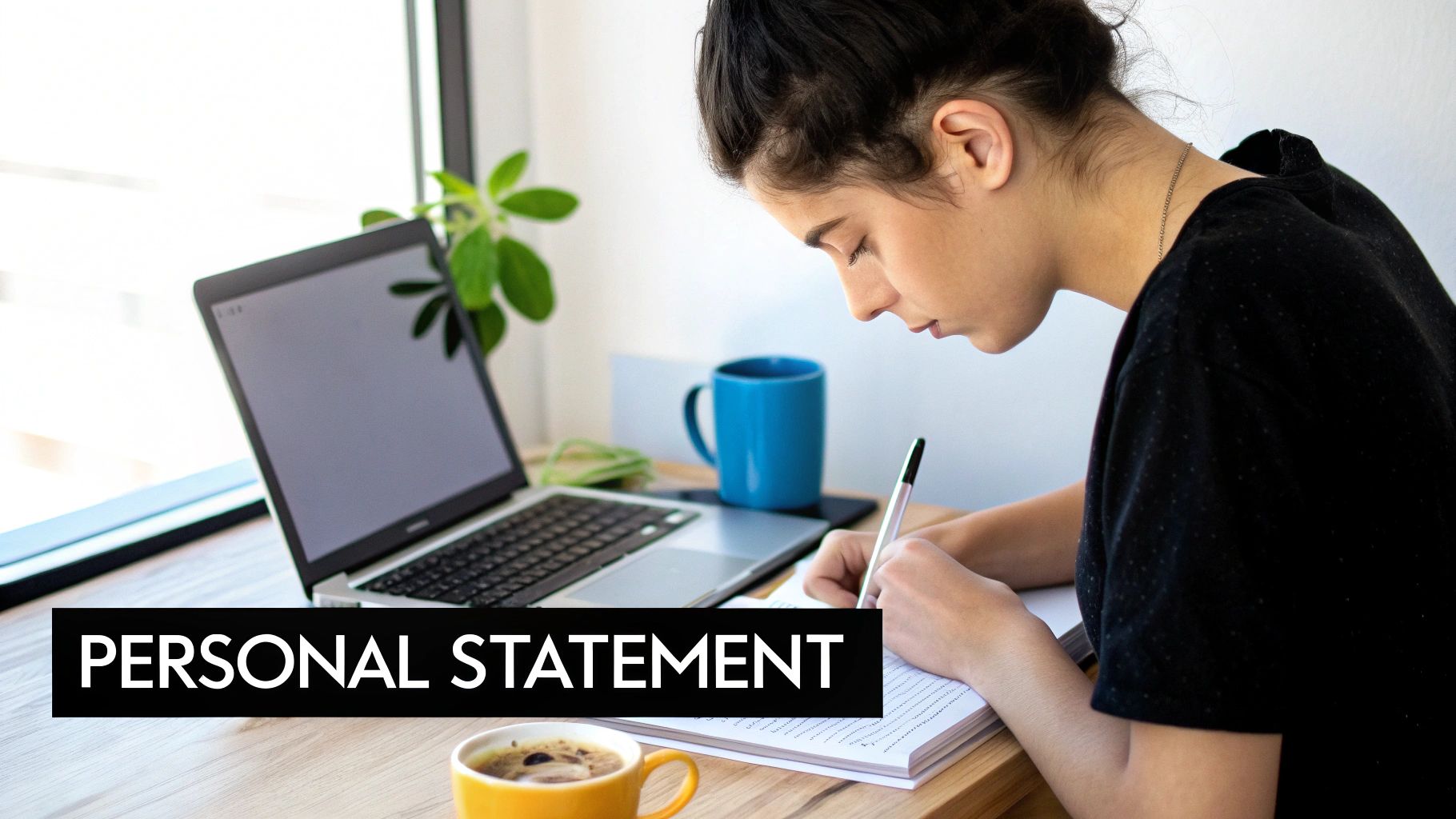 A person intently writing a personal statement in a notebook at a desk with a laptop and coffee.