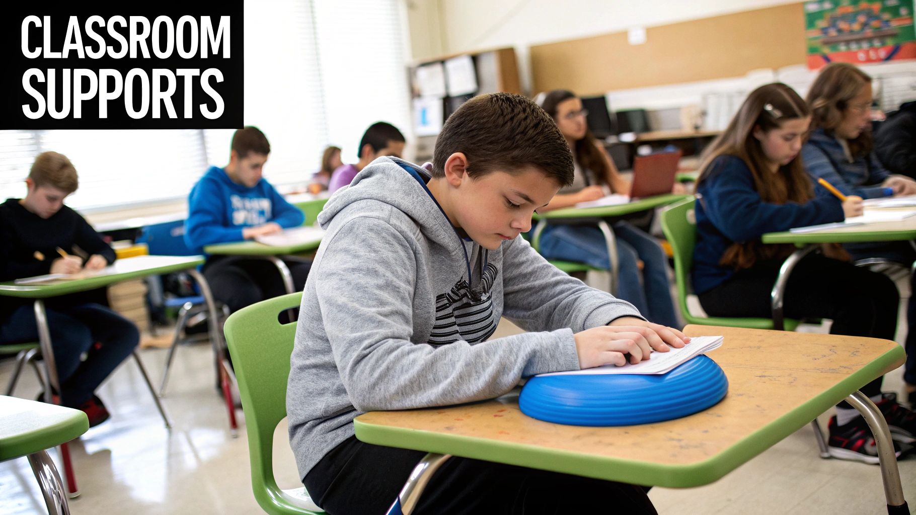 A teacher and student work together in a colourful classroom environment.