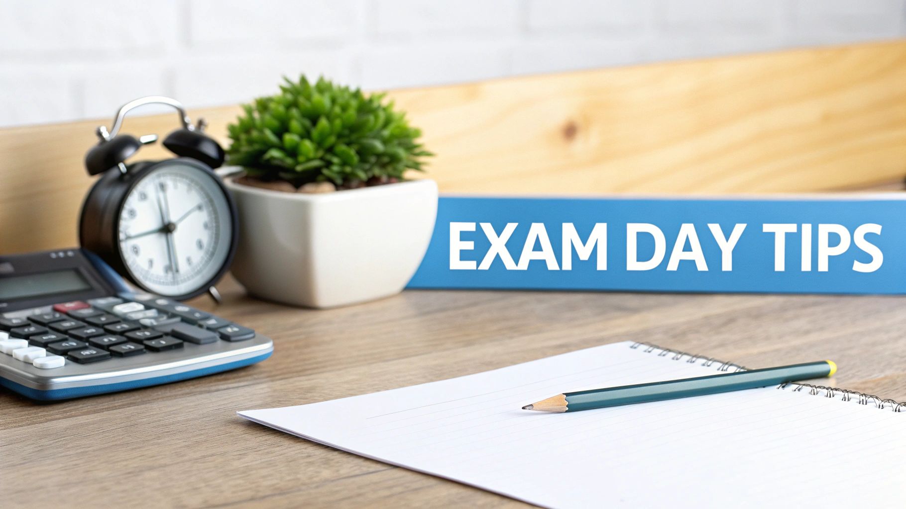Desk with study essentials: calculator, alarm clock, plant, notebook, pencil, and "EXAM DAY TIPS" folder.