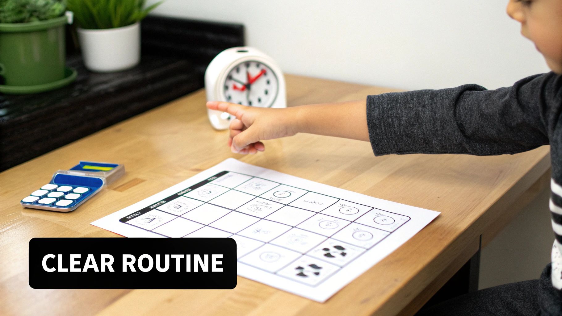 A child's hand points to a visual routine chart on a wooden desk, with a timer and plants.