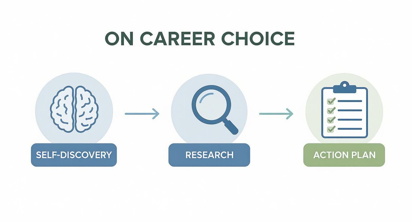 A diagram illustrating the three steps to career choice: Self-Discovery, Research, and Action Plan.