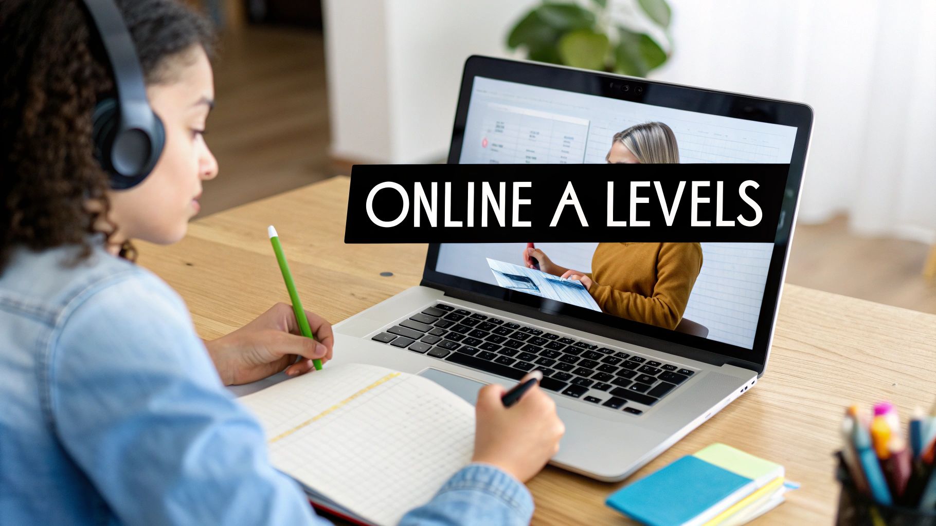 Student wearing headphones studying online A levels on a laptop, writing in a notebook.