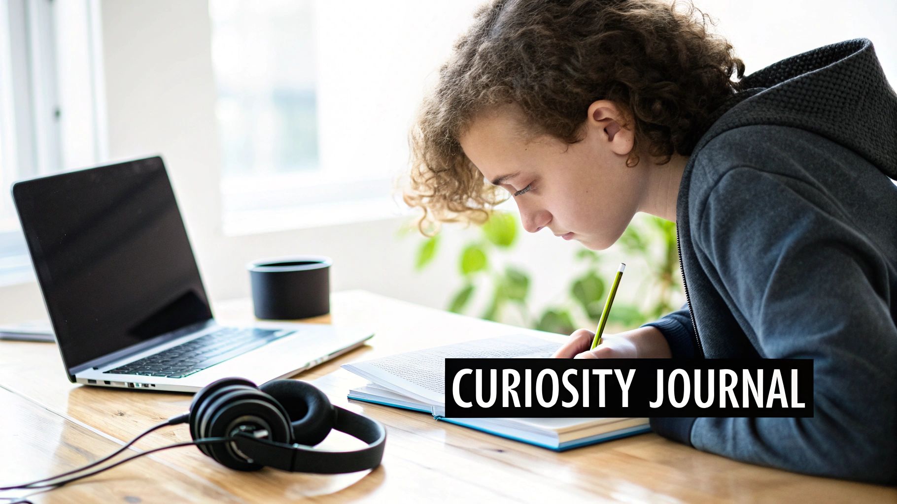 A young student with curly hair writes in a curiosity journal, with a laptop and headphones on a desk.