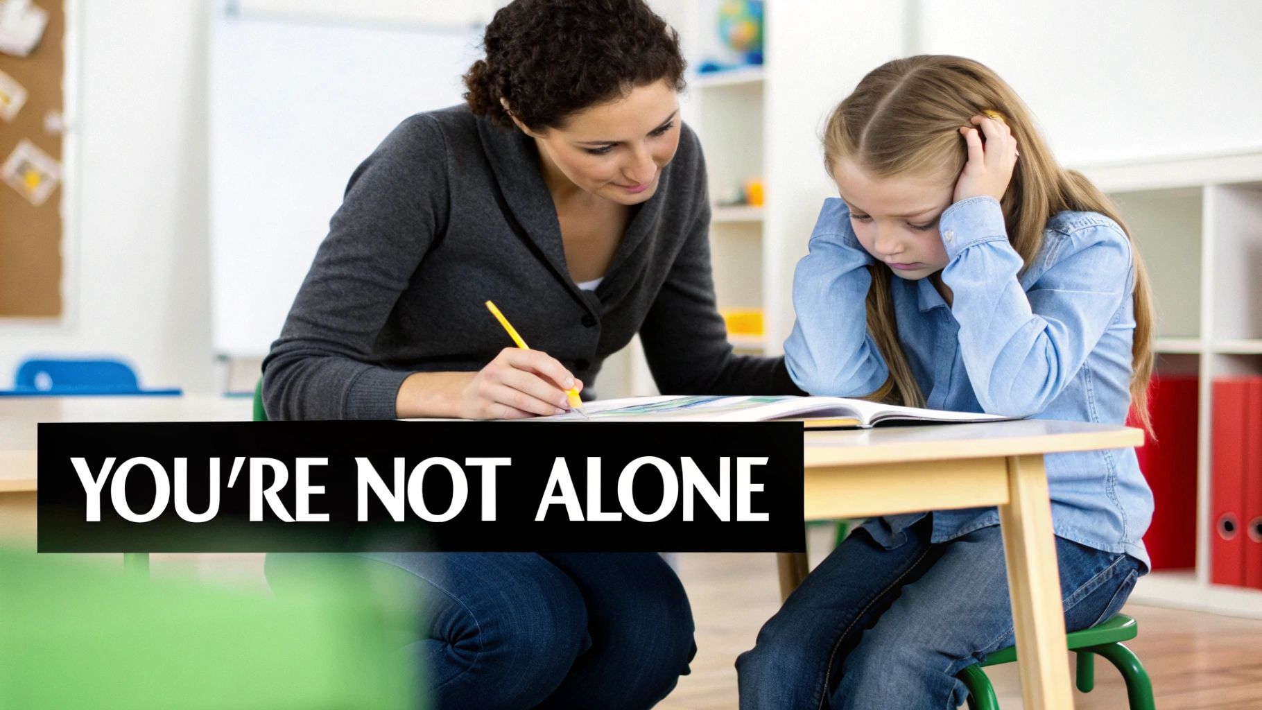 A compassionate teacher helps a frustrated young student with her schoolwork, emphasizing support with 'YOU'RE NOT ALONE'.