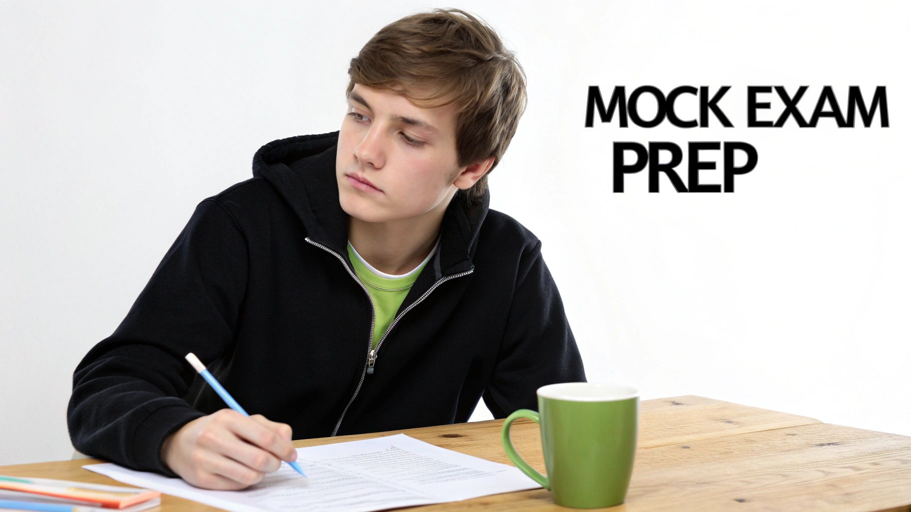 A student sitting at a desk studying for their GCSE mock exams
