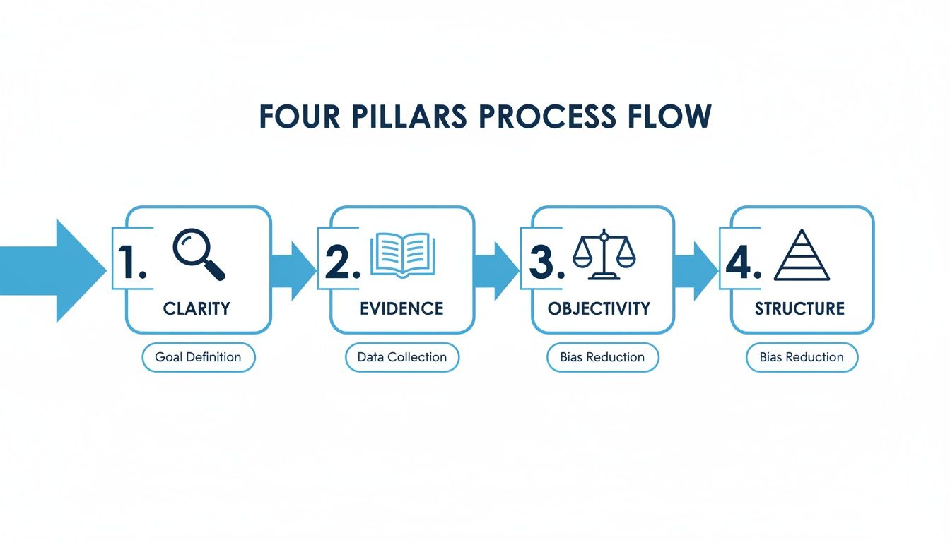 A diagram illustrating the Four Pillars Process Flow with Clarity, Evidence, Objectivity, and Structure.