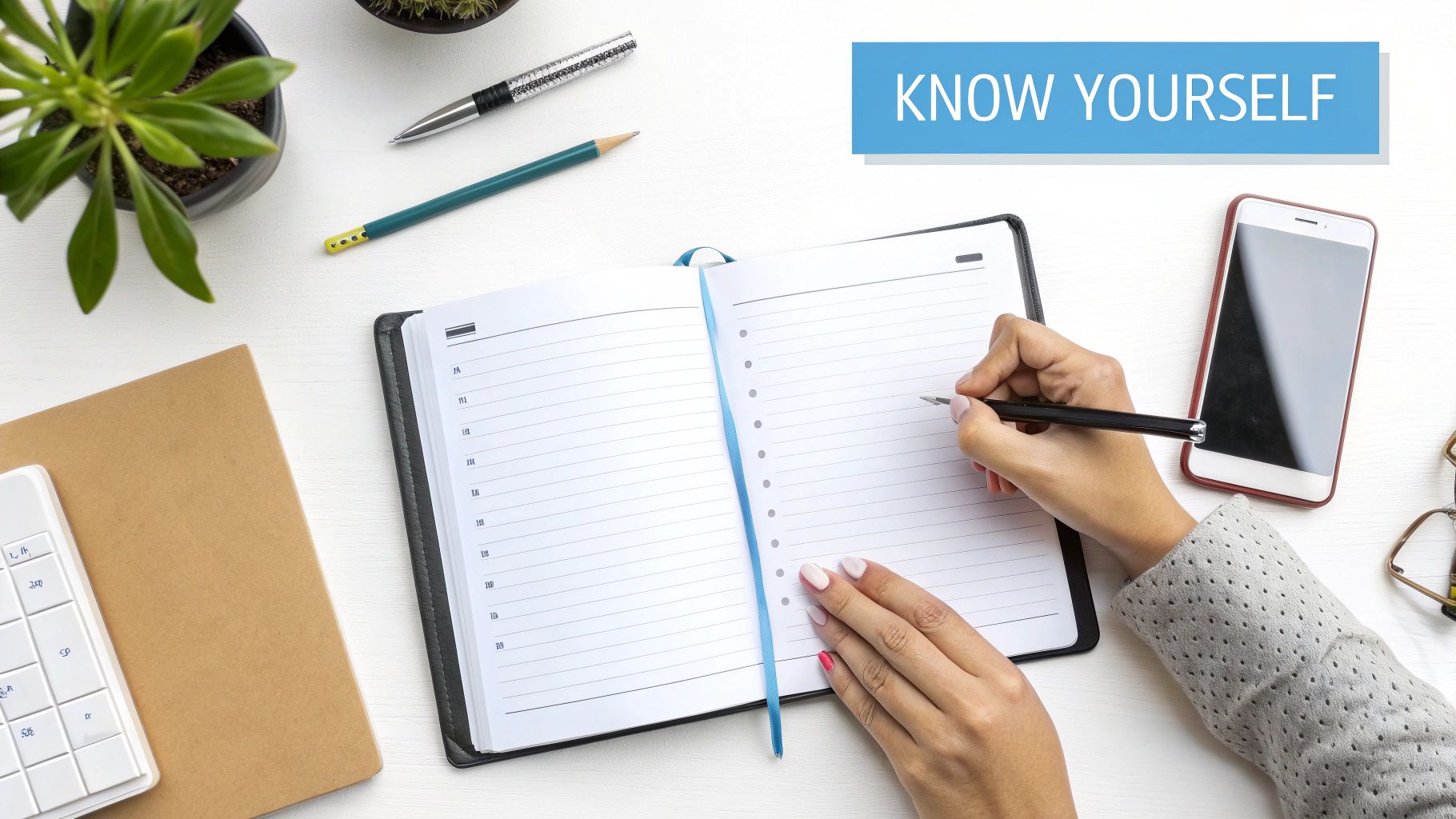 Overhead view of a person writing in a notebook on a white desk, with a 'KNOW YOURSELF' banner.