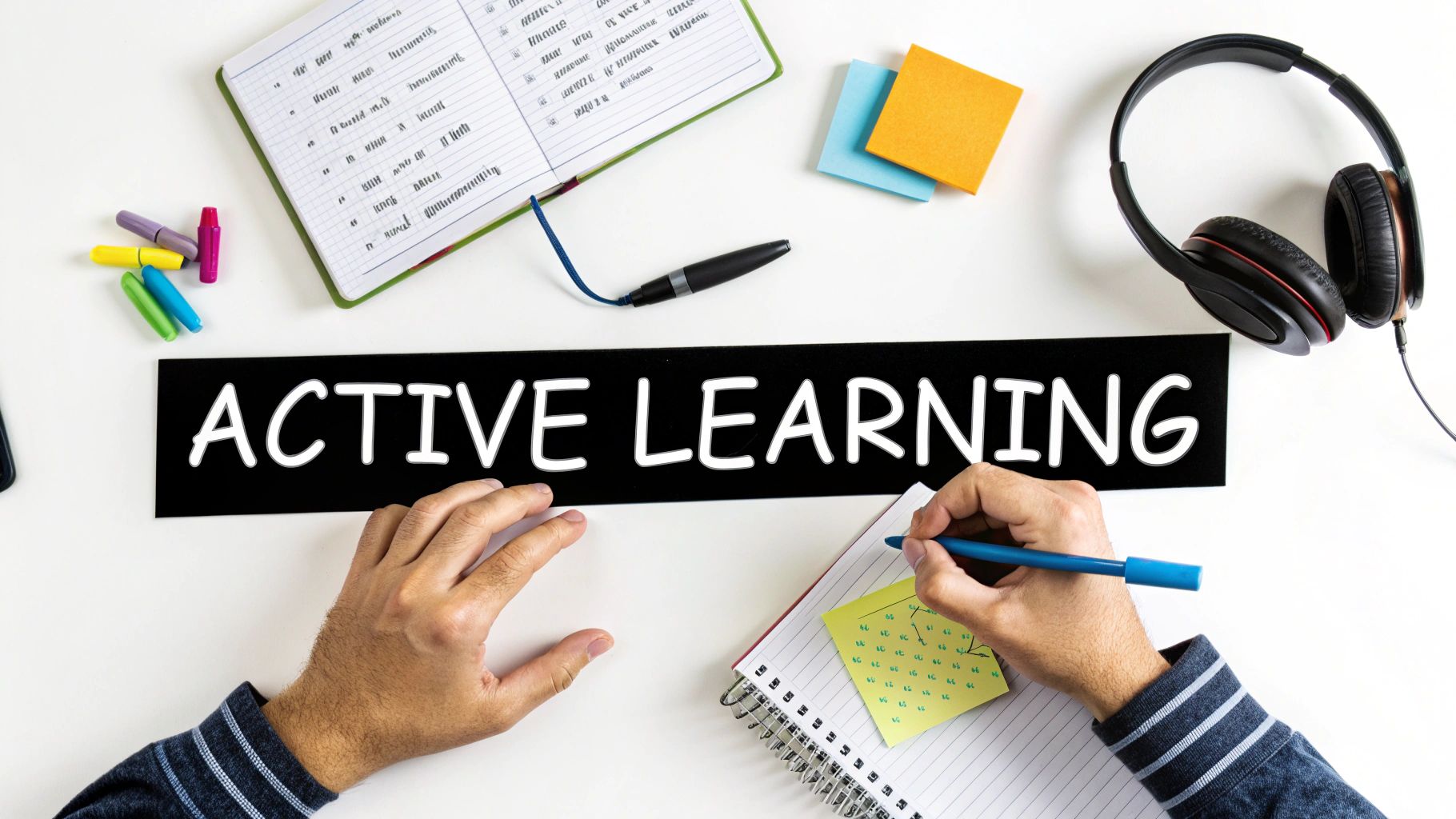 Flat lay of a desk with 'ACTIVE LEARNING' text, a person writing in a notebook, and study supplies.