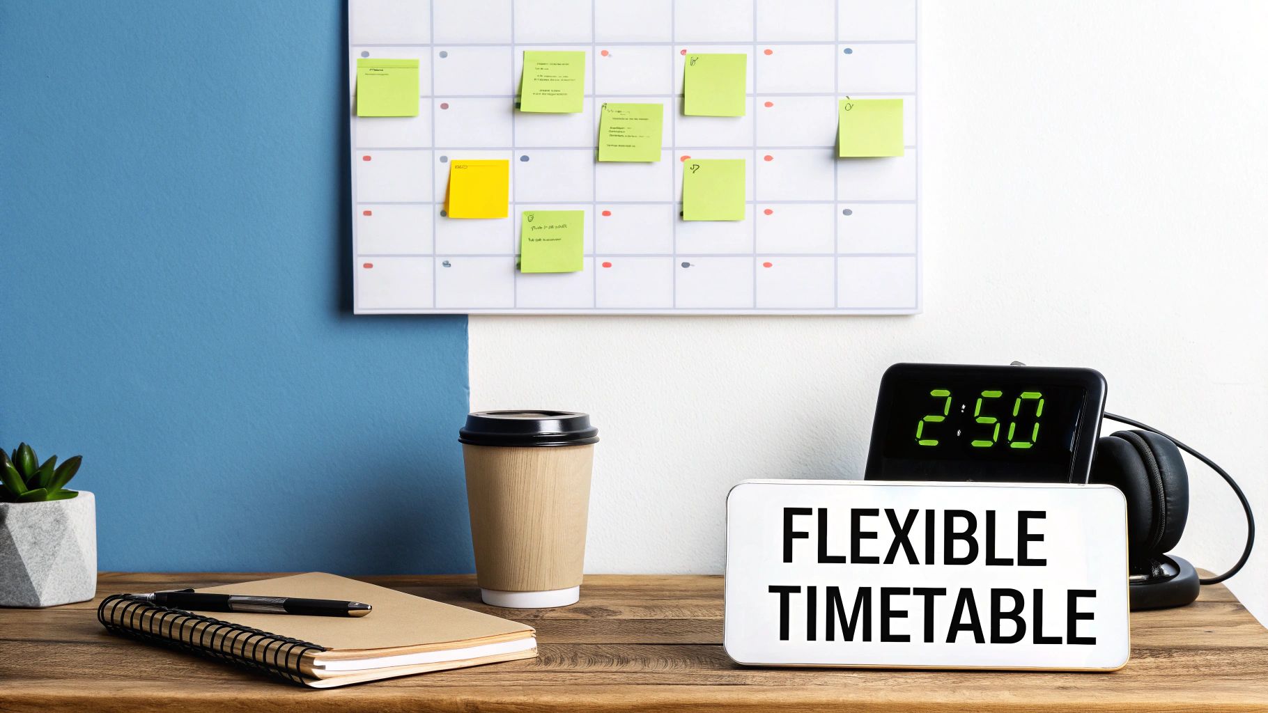 An organized desk with a calendar, sticky notes, a clock, and a "Flexible Timetable" sign.