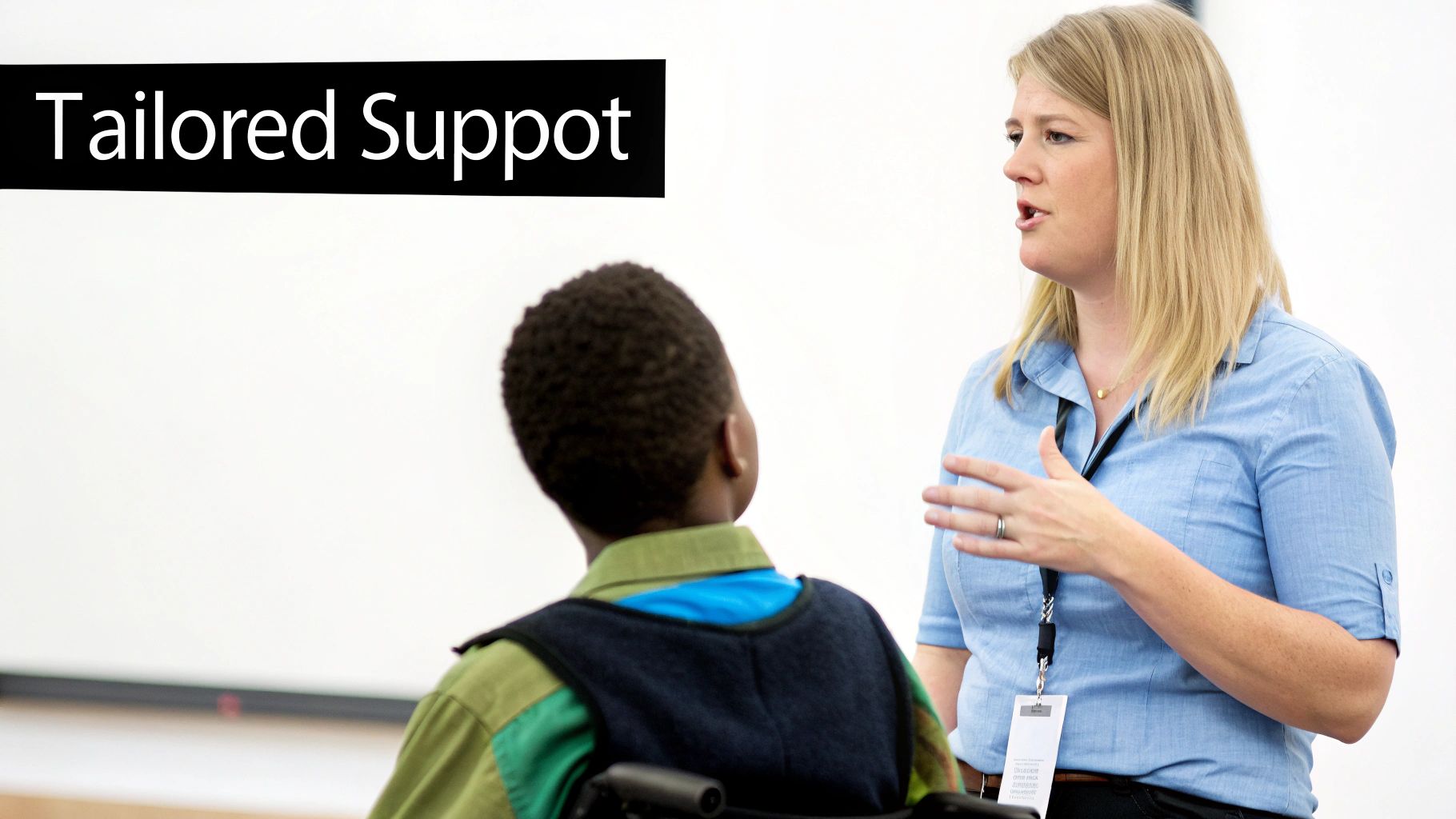 A compassionate teacher guiding a student with a laptop, showing supportive online learning.