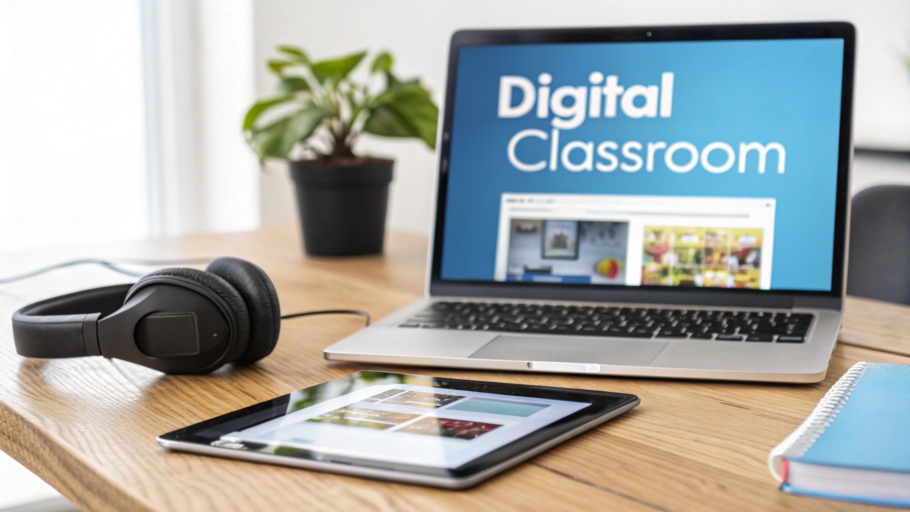 A student using a laptop and headphones to engage with an online course.