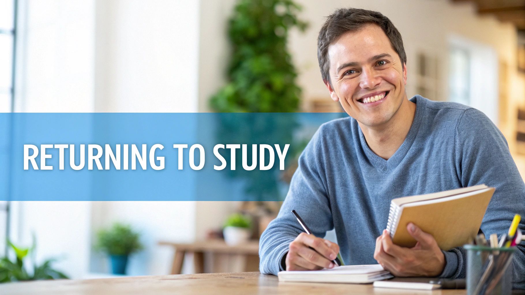 Smiling man in blue sweater studying at a desk, writing notes, with 'RETURNING TO STUDY' text.