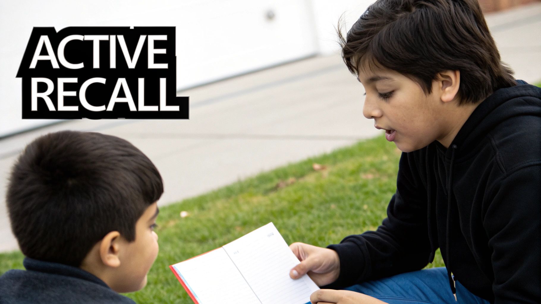 Two young boys engaging in active recall study method with a notebook outdoors.