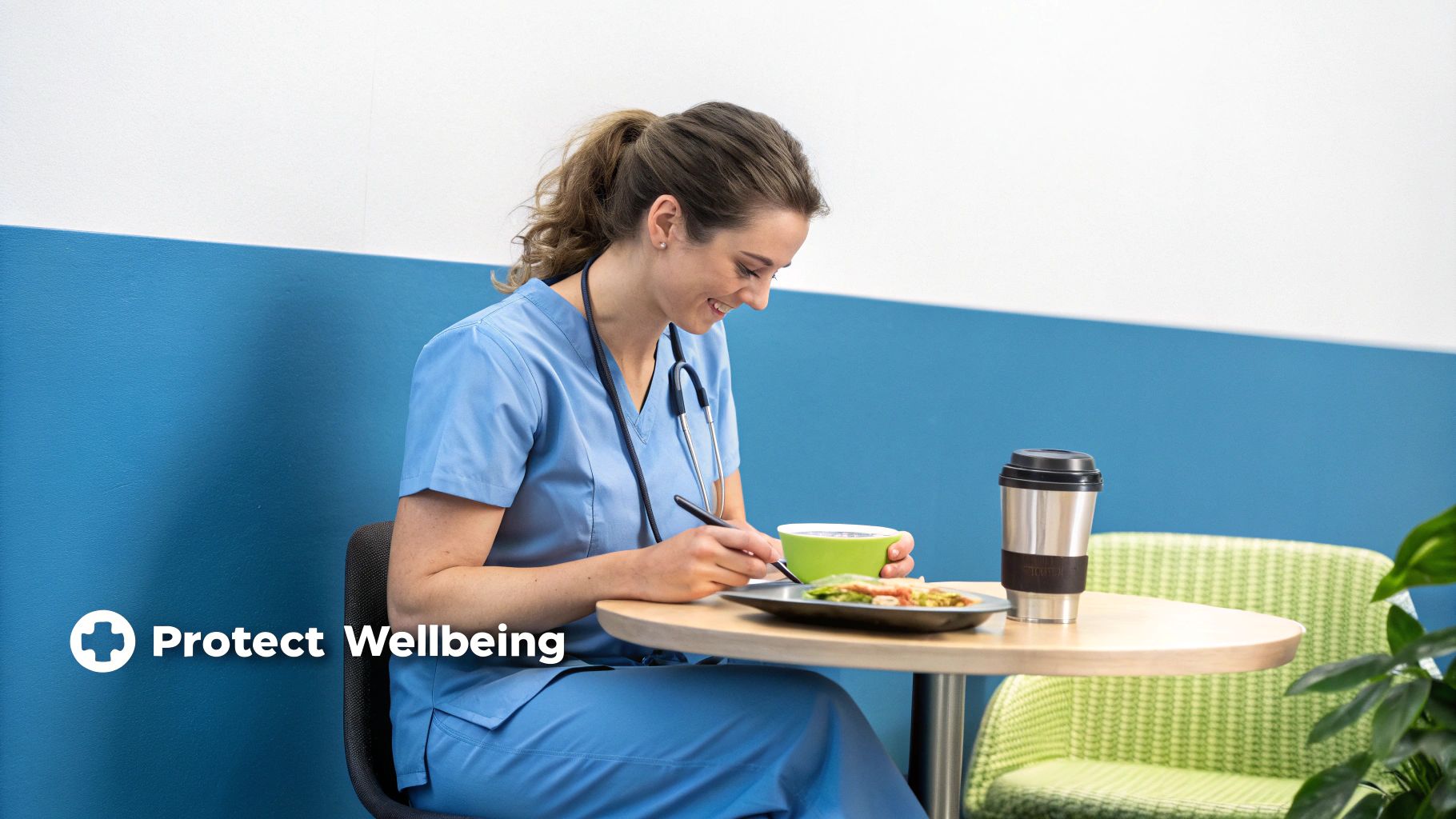 Smiling female nurse in scrubs enjoys a healthy meal during a break at a table.