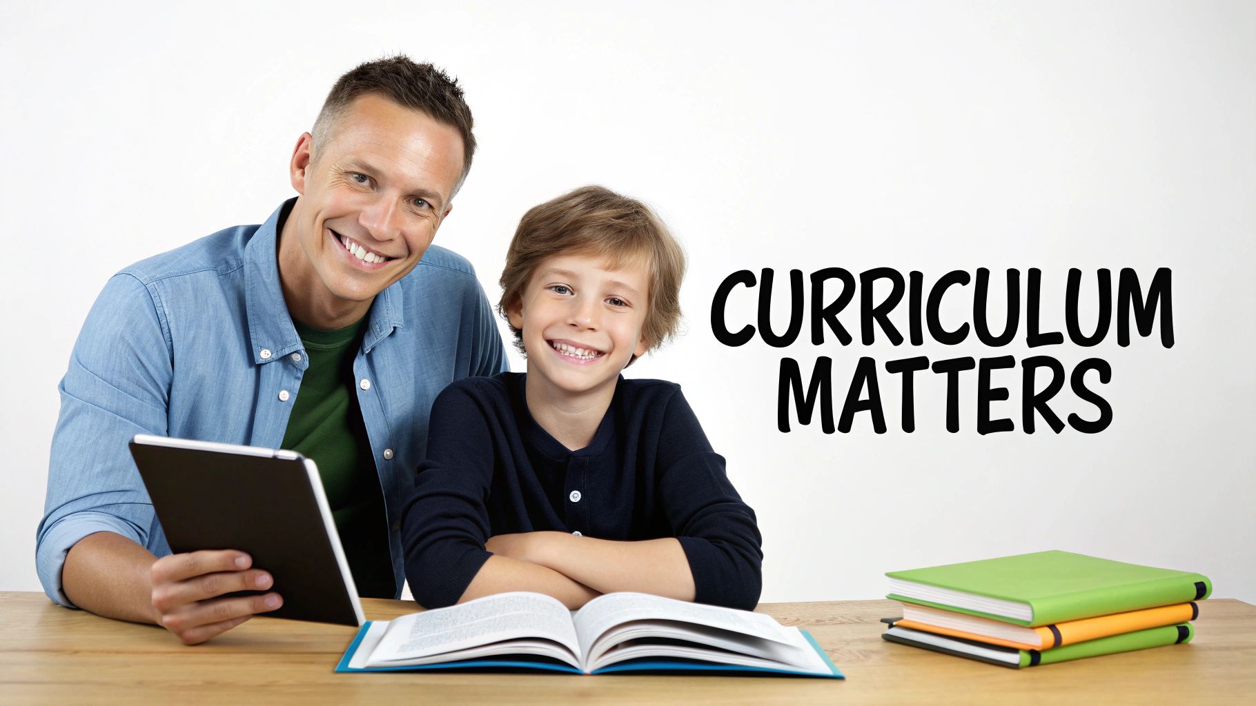 Smiling father and son learning at a desk with books and tablet, 'CURRICULUM MATTERS' text.