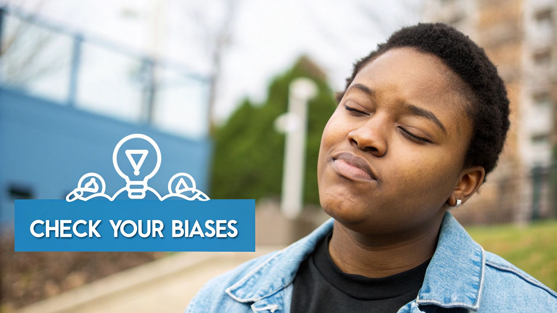 Close-up of a person with closed eyes and calm expression, promoting 'CHECK YOUR BIASES'.