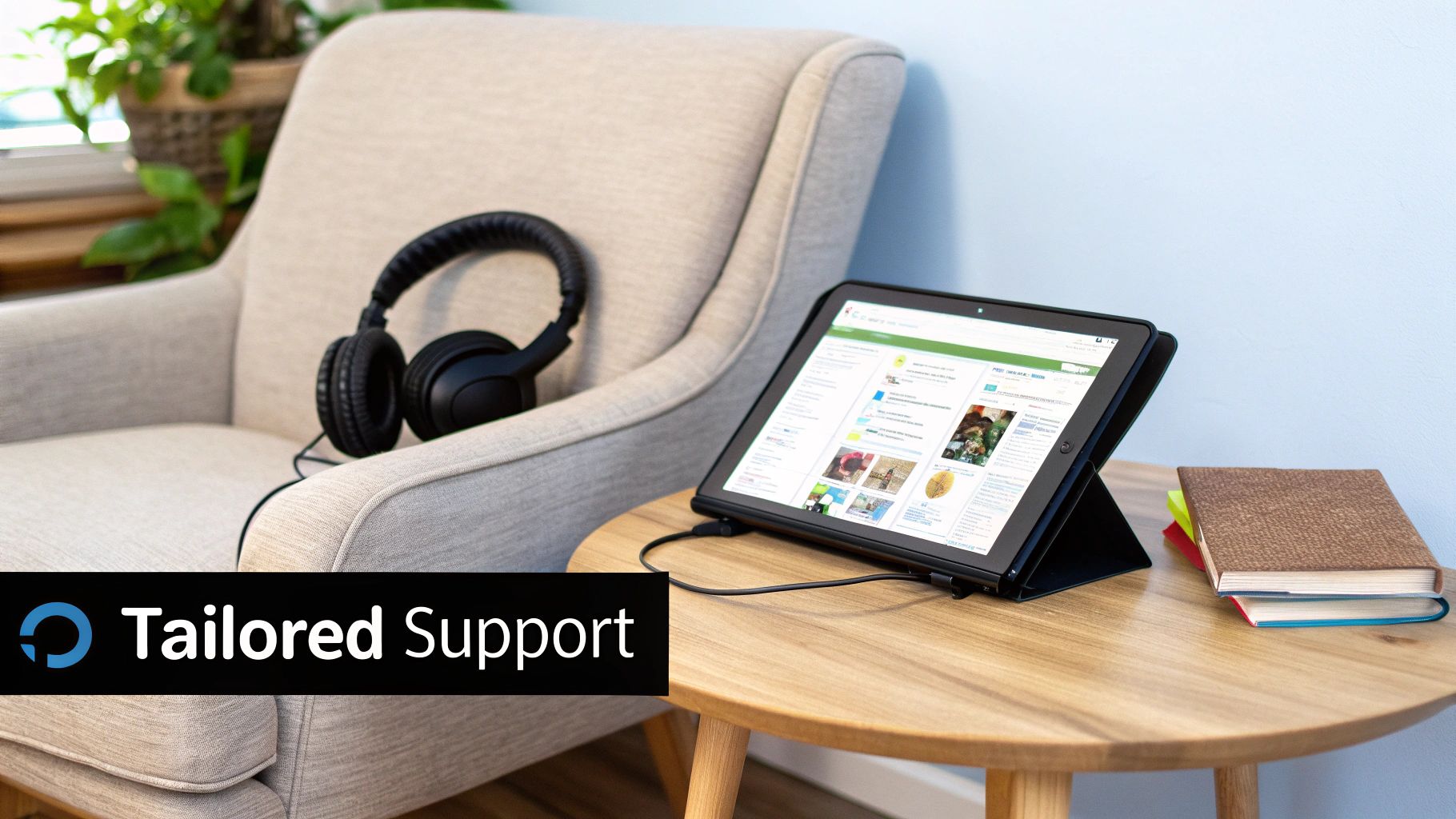 A comfortable armchair with headphones, a tablet displaying educational content on a side table with books.