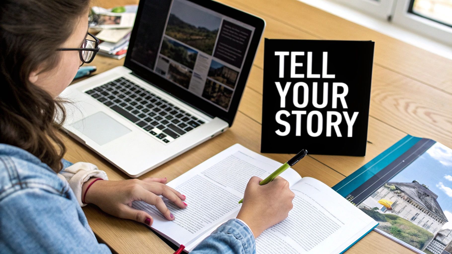 A student writing in a book at a wooden desk, next to a laptop and "Tell Your Story" sign.