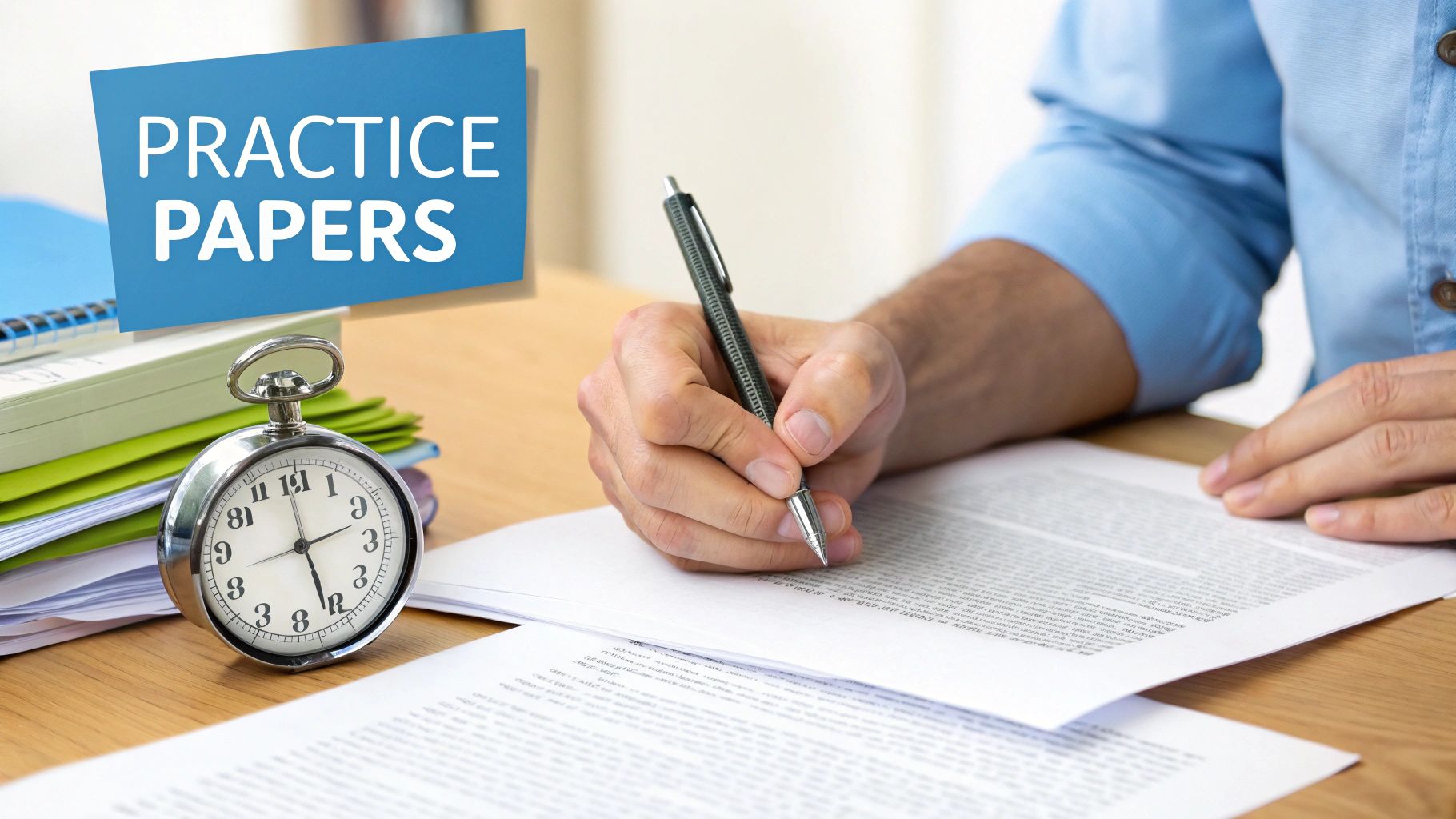 Person writing on practice papers with a pen, a stopwatch timing the exam session.