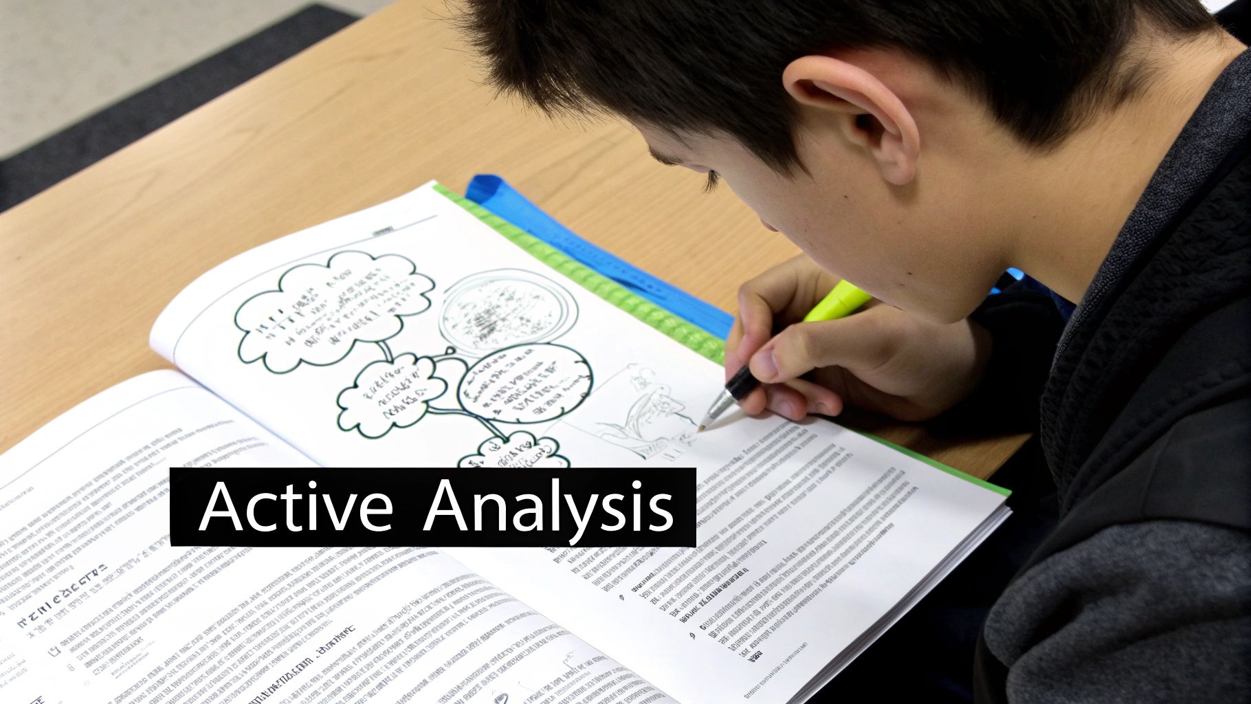 A student actively engaged in revision, drawing a mind map in an open notebook with a pen.