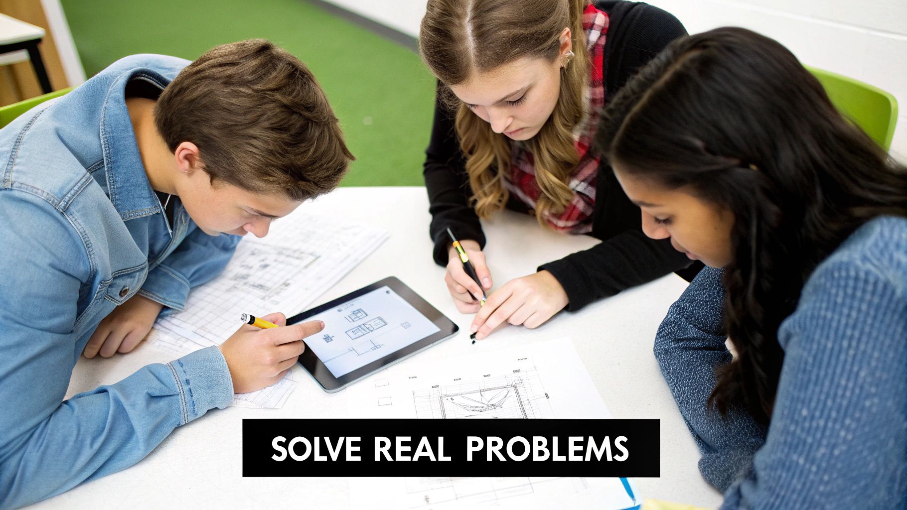Students actively solving problems, collaborating with a tablet and blueprints on a table.