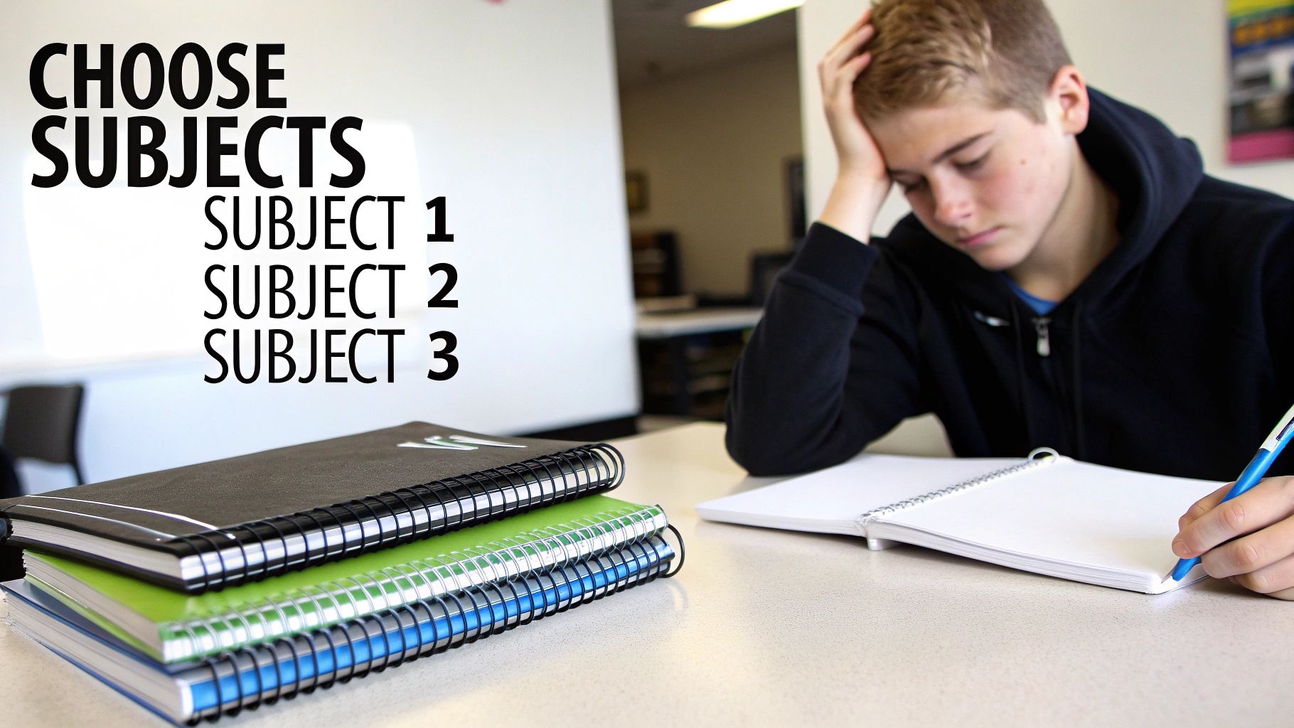 A stressed student sits at a desk, contemplating subject choices from a list on the wall, surrounded by notebooks.