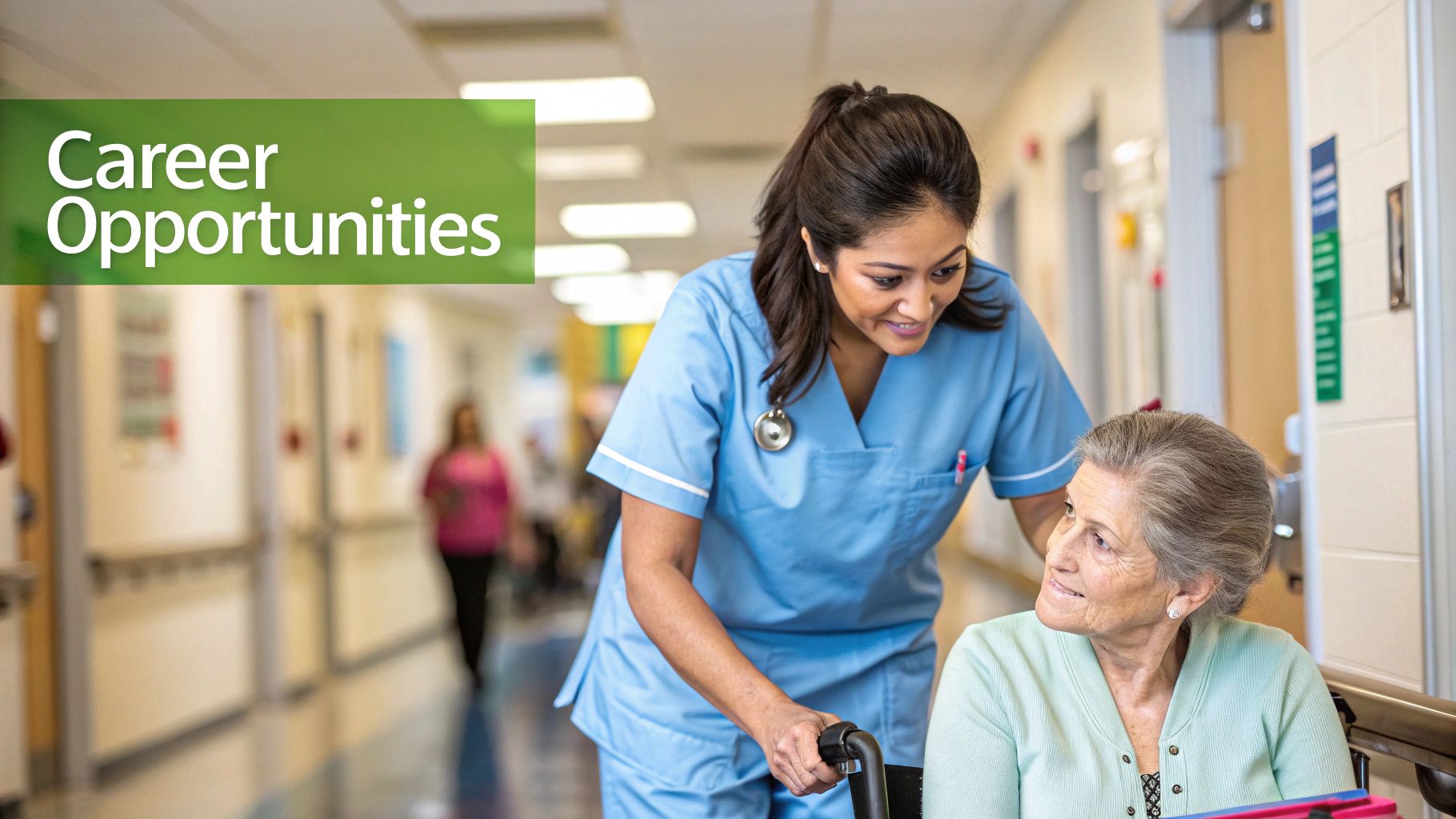 A nursing associate checks a patient's chart in a hospital hallway.