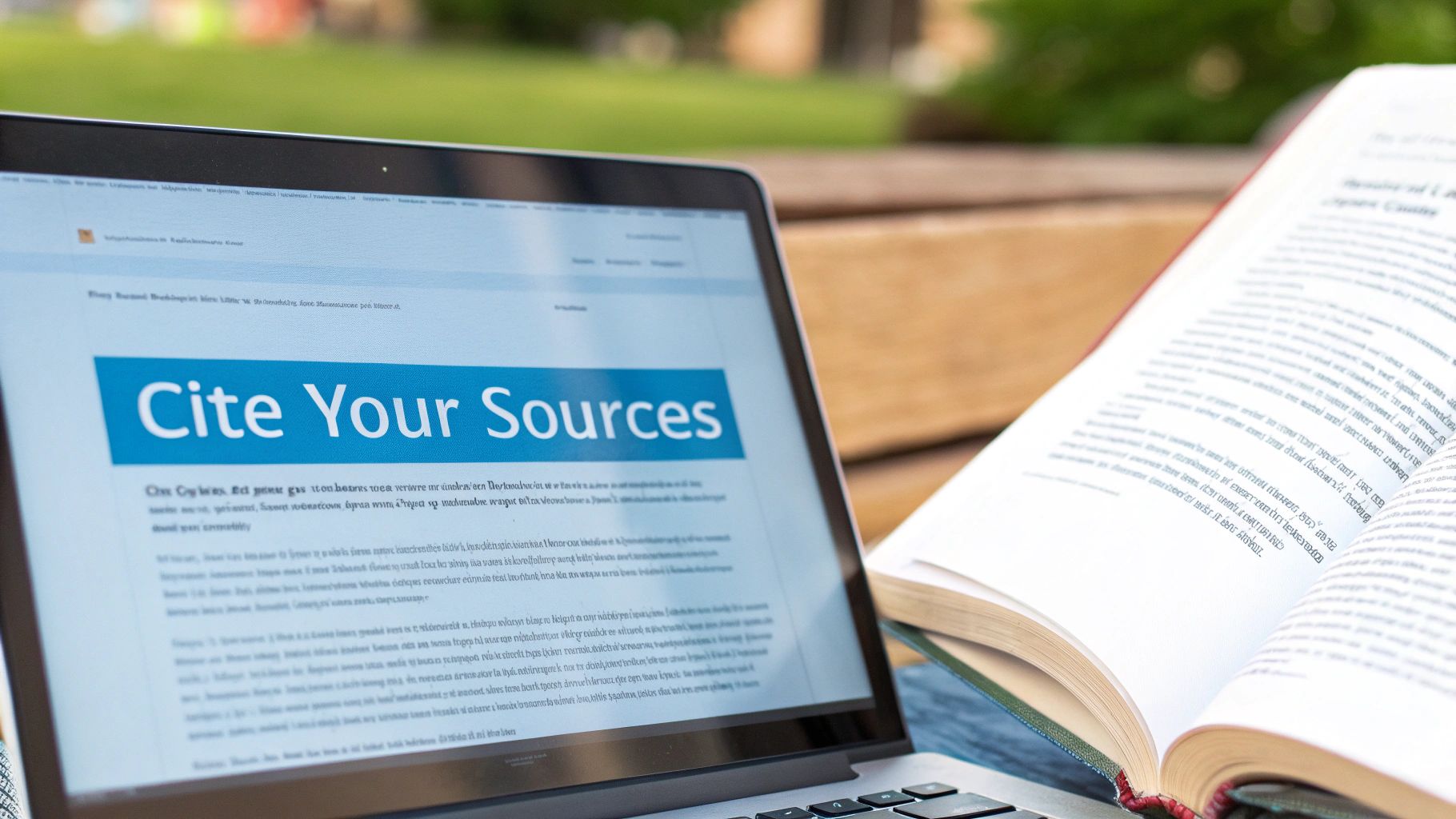 A laptop screen displays 'Cite Your Sources' next to an open book outdoors, symbolizing academic research.