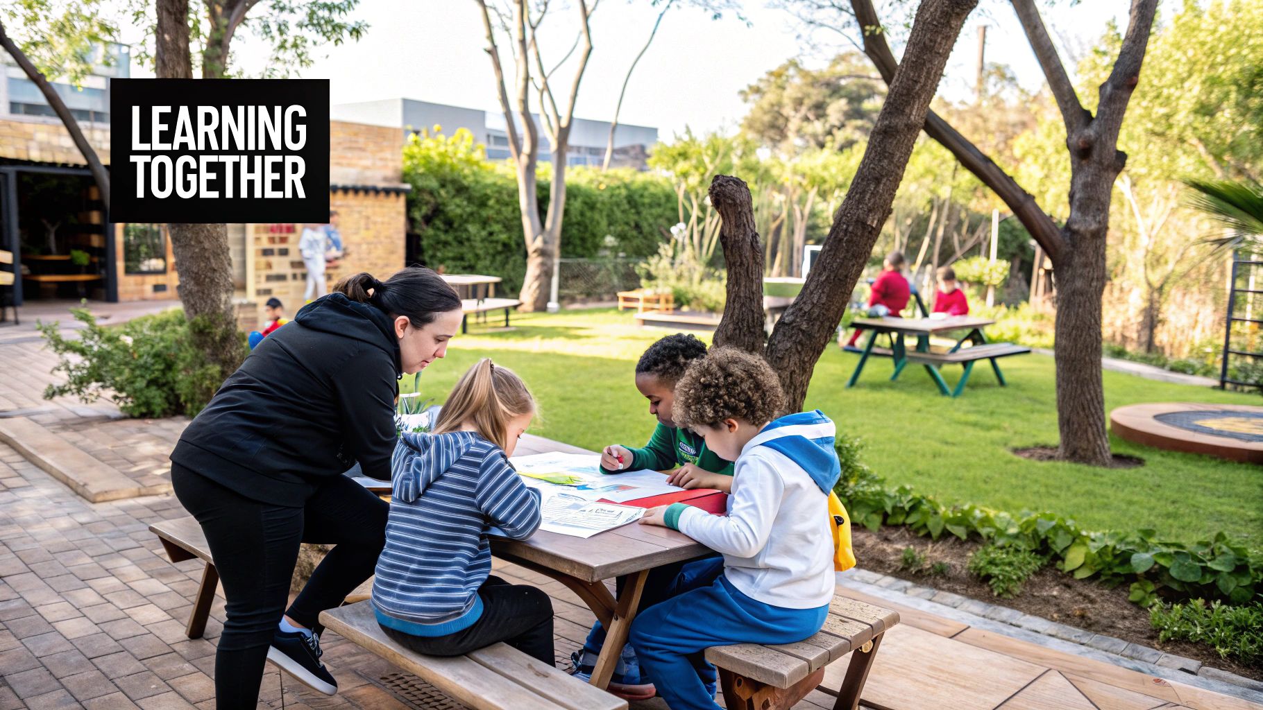 A group of diverse children happily participating in an outdoor community project, smiling and working together.