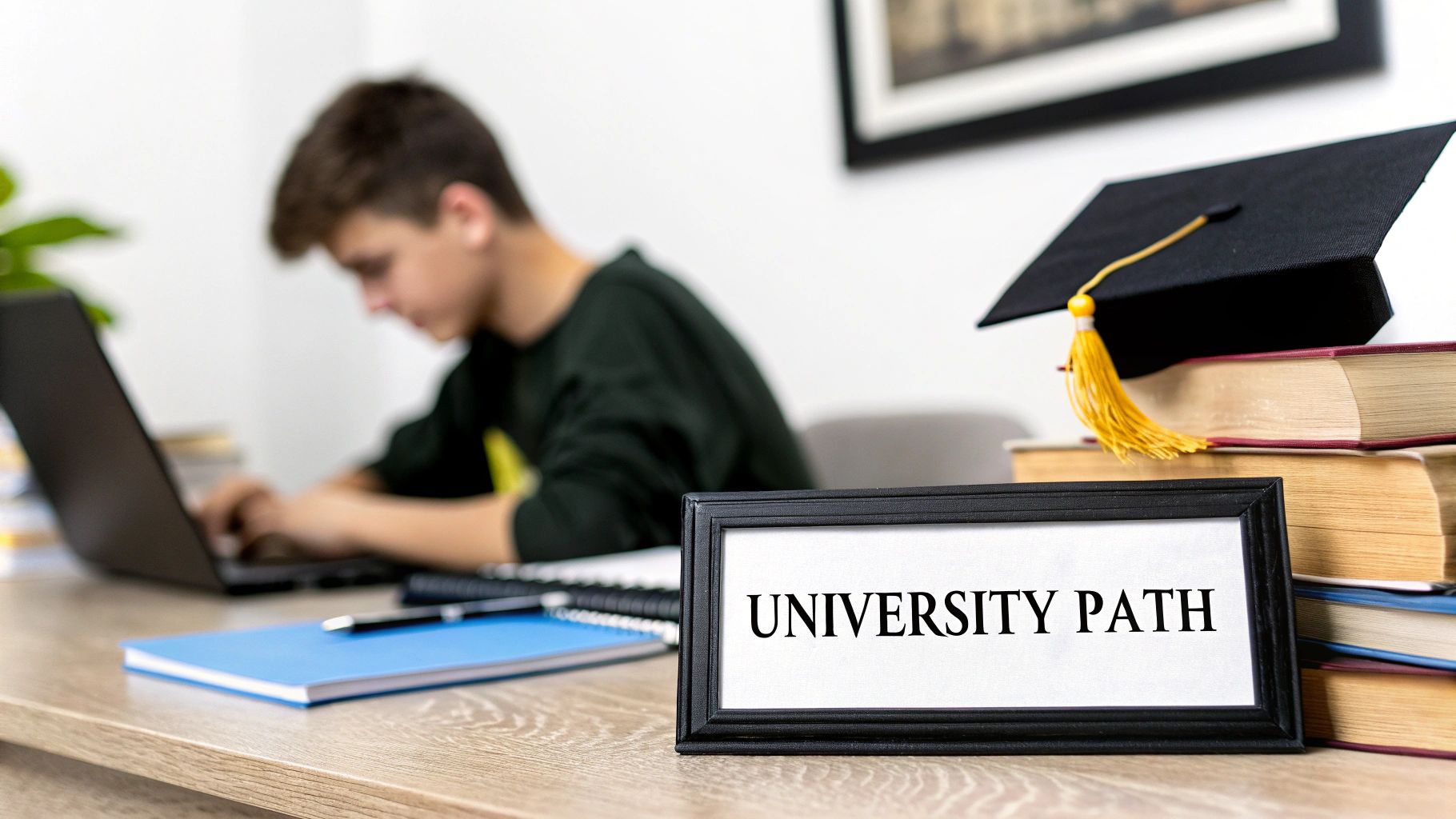 Young person studying on laptop with a "UNIVERSITY PATH" sign, graduation cap, and books nearby.