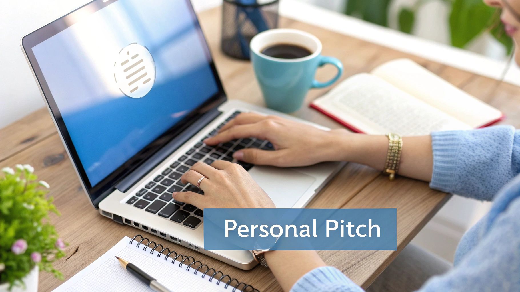A person types on a laptop at a wooden desk with a coffee, notebook, and open book, displaying 'Personal Pitch'.