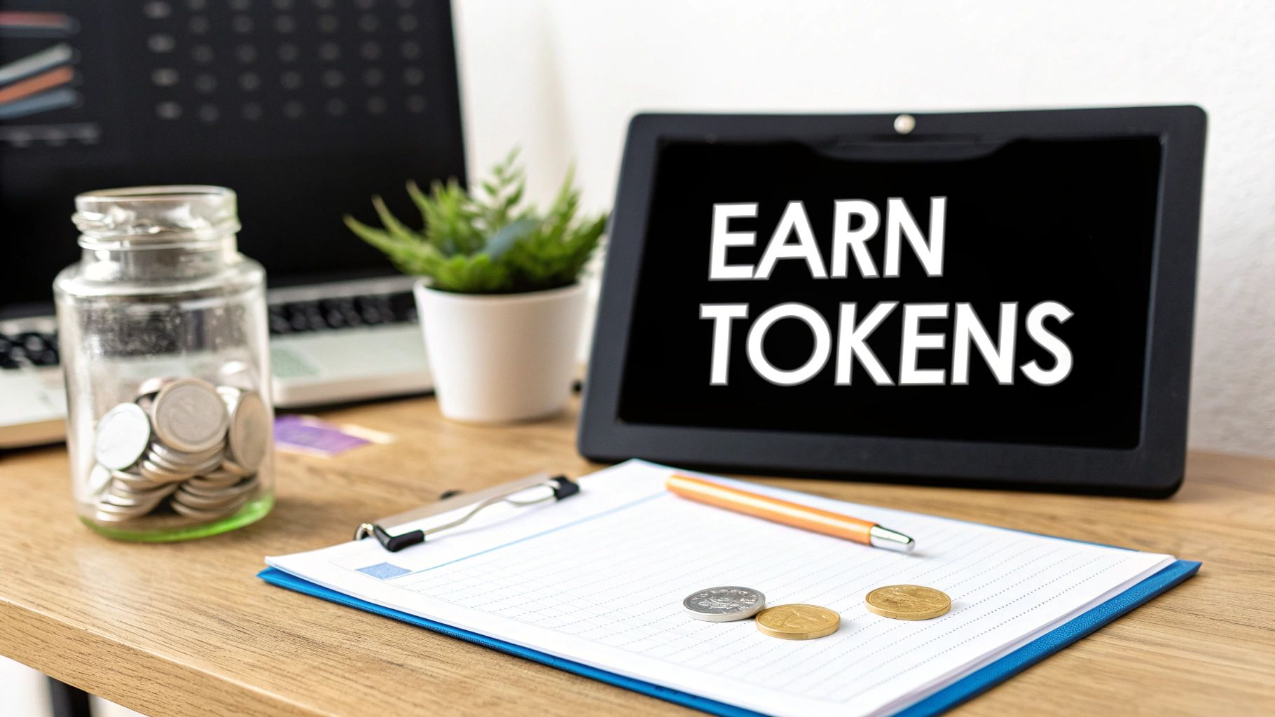 A desk with a tablet displaying 'EARN TOKENS', a coin jar, laptop, and financial documents.