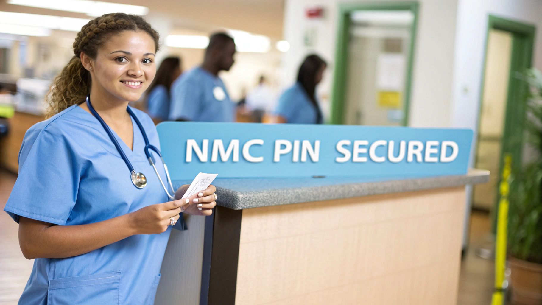 A smiling newly qualified nurse in blue scrubs with a stethoscope, holding a paper at a medical facility.