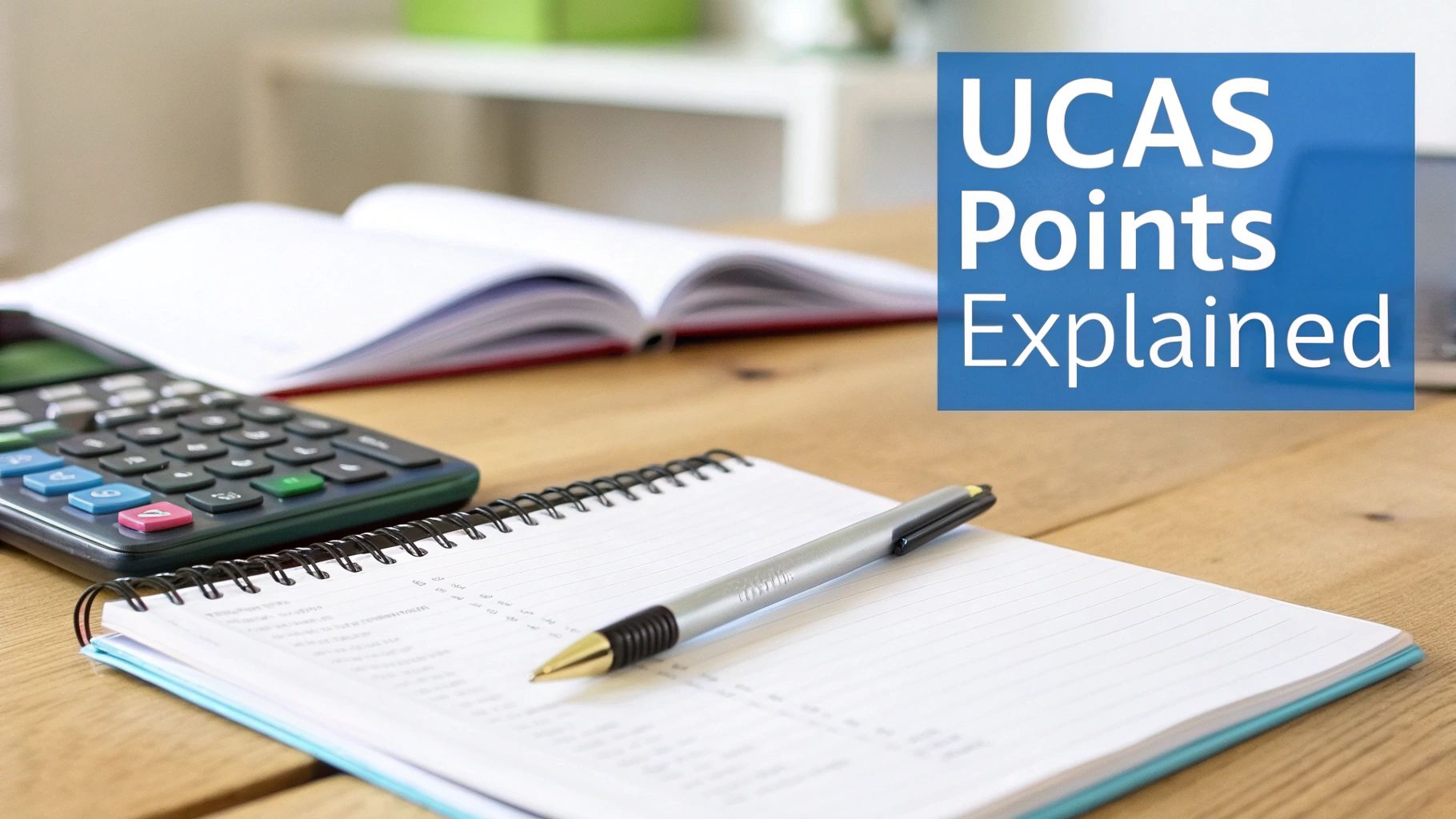 Study desk with calculator, notebooks and UCAS Points Explained text for university admissions guidance