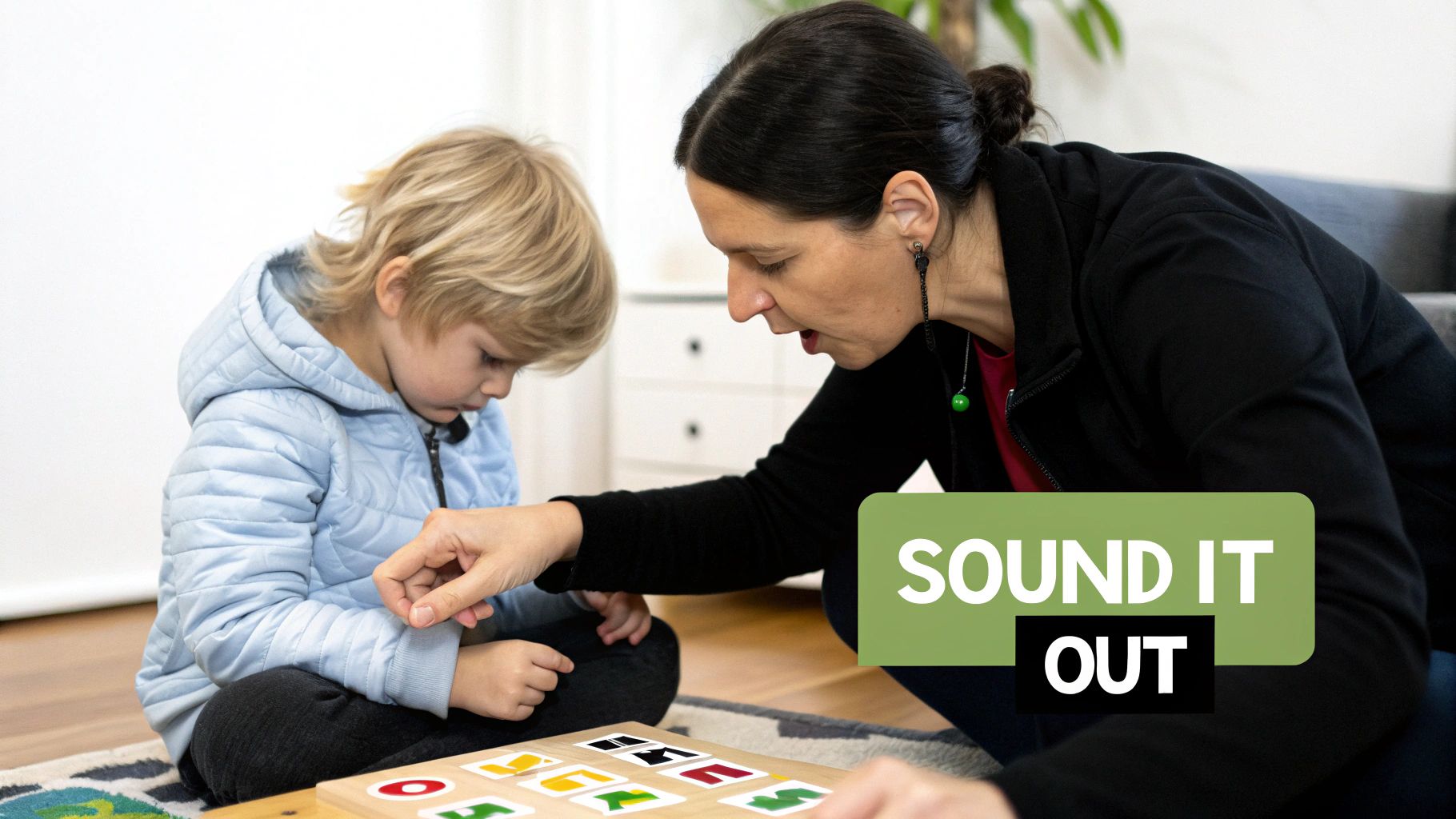 A woman points to a letter board, helping a child learn to sound out words.