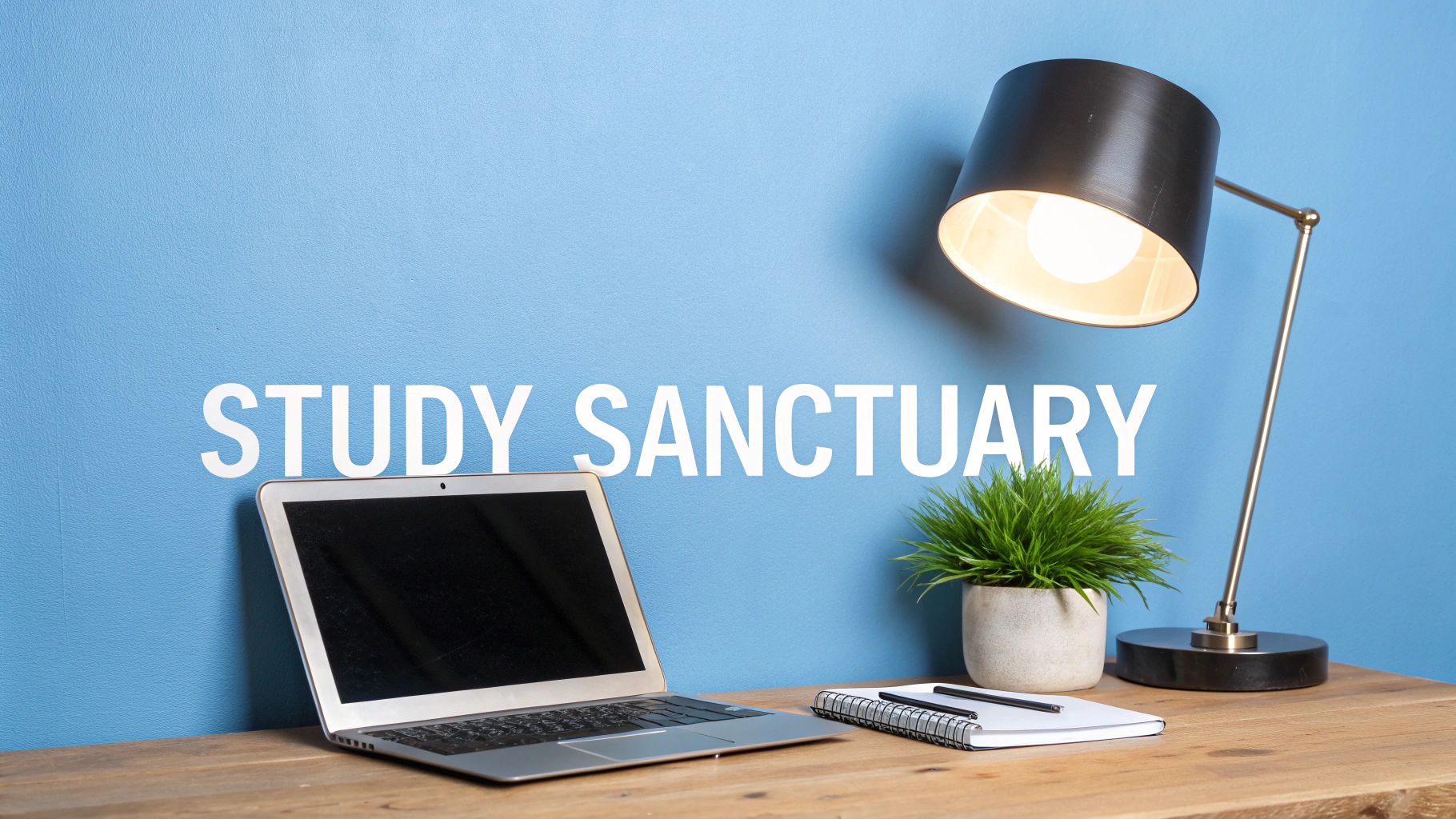 A cozy study sanctuary with a laptop, glowing desk lamp, plant, and notepad on a wooden desk.