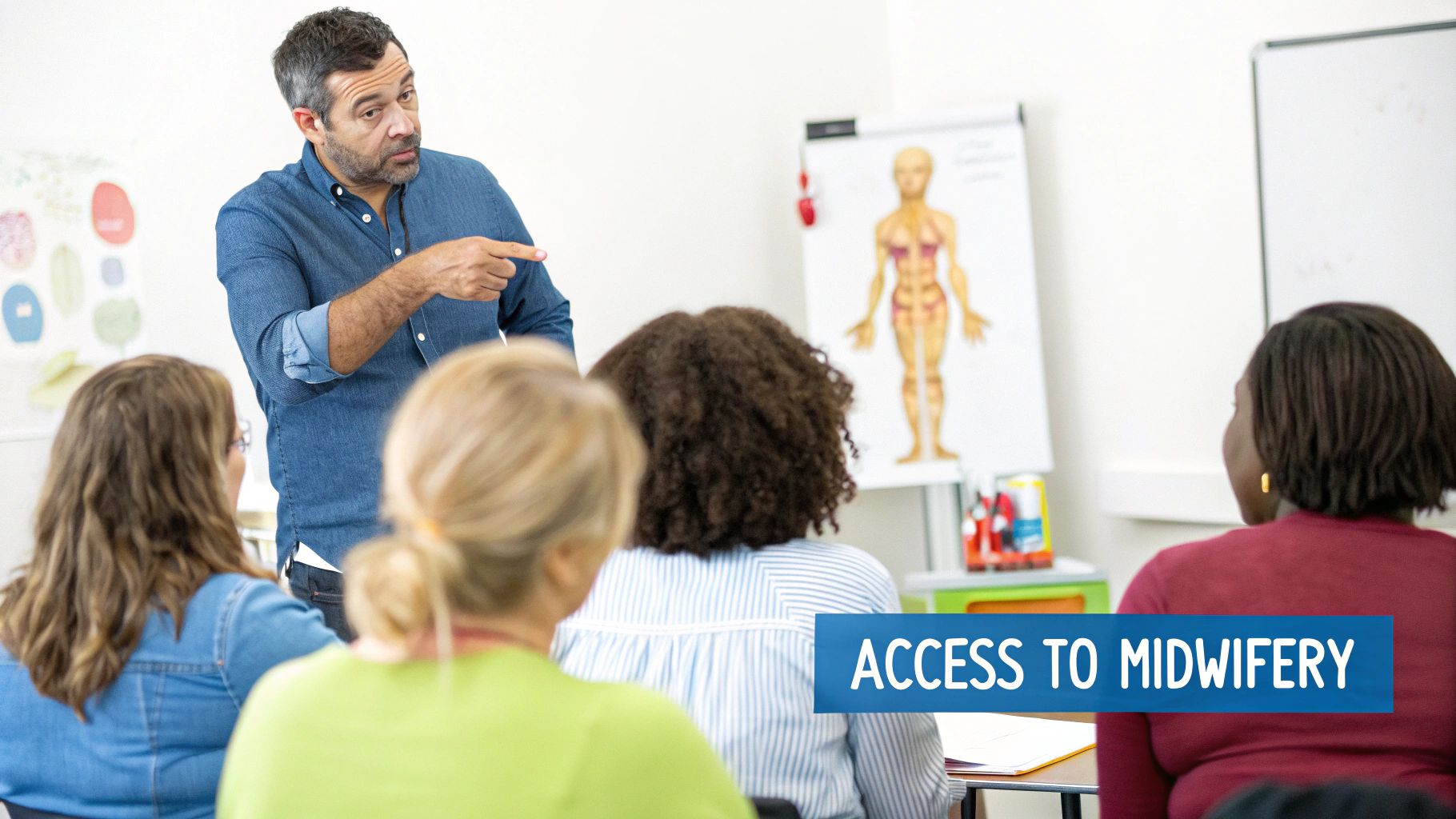 An aspiring midwife studying at a desk with textbooks and a laptop.