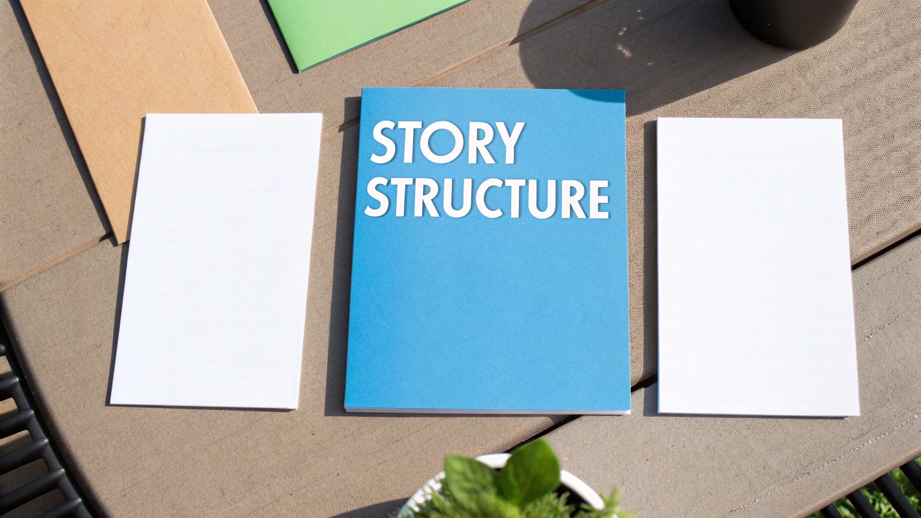 A blue notebook titled 'Story Structure' surrounded by white lined notepads on a table outdoors.