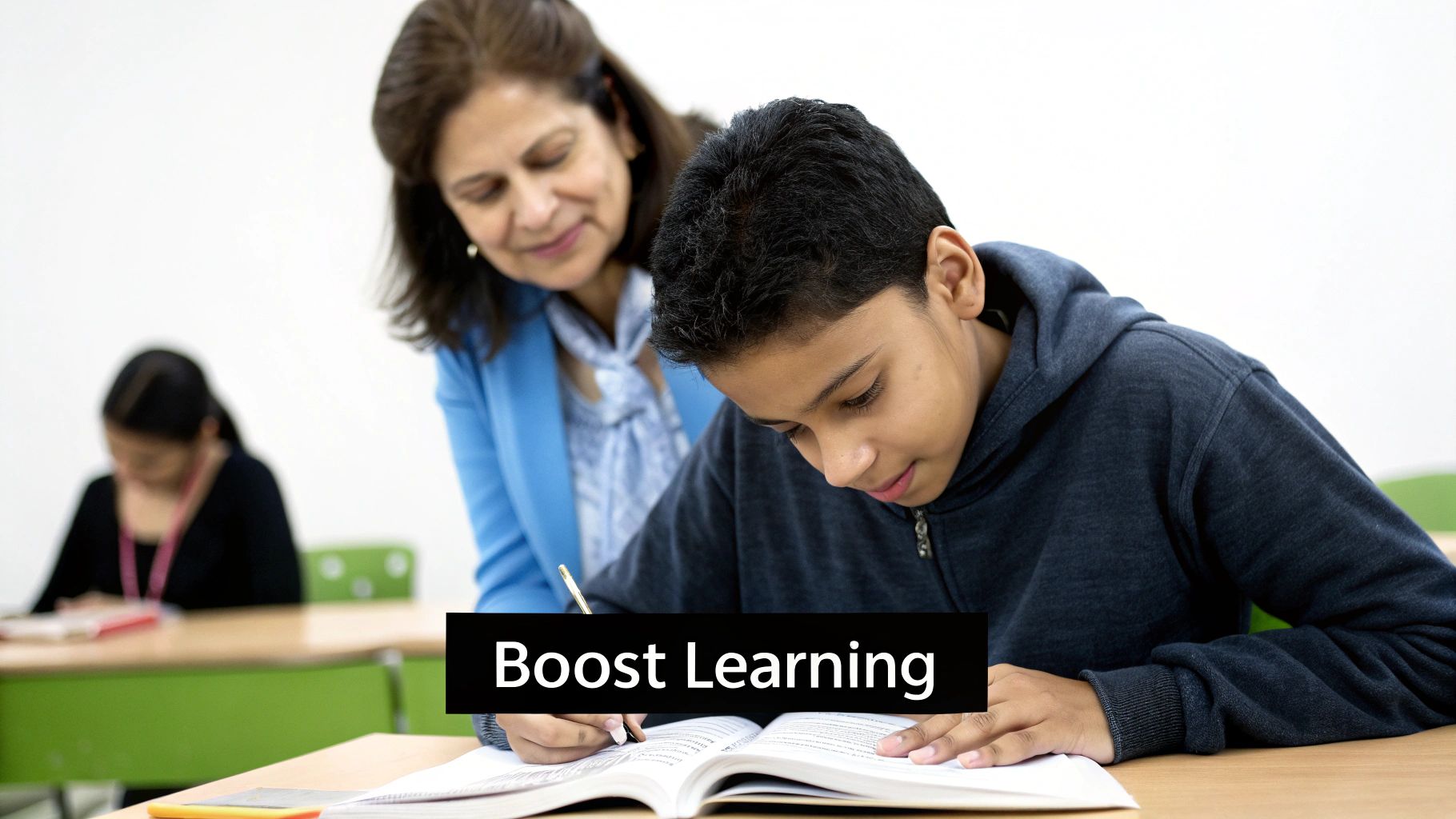 A kind teacher helps a young male student writing in an open textbook at a classroom desk.