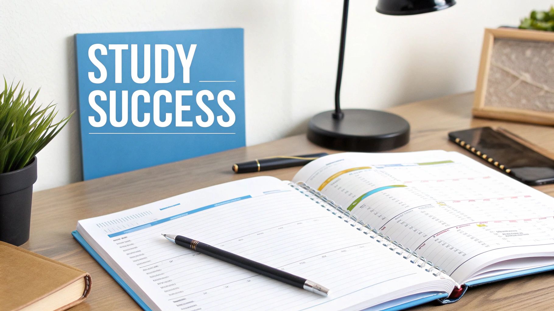 A person sitting at a well-organised desk, using a planner to schedule their study time effectively.