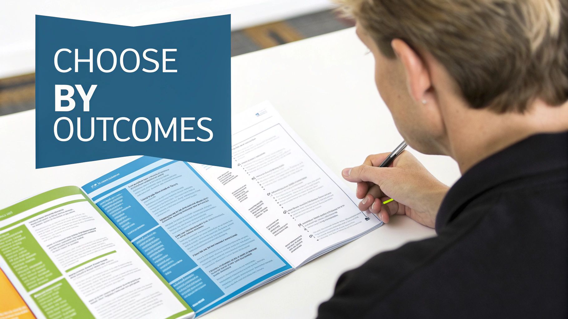 A person holds a pen, reviewing an open brochure on a table with a 'CHOOSE BY OUTCOMES' sign.