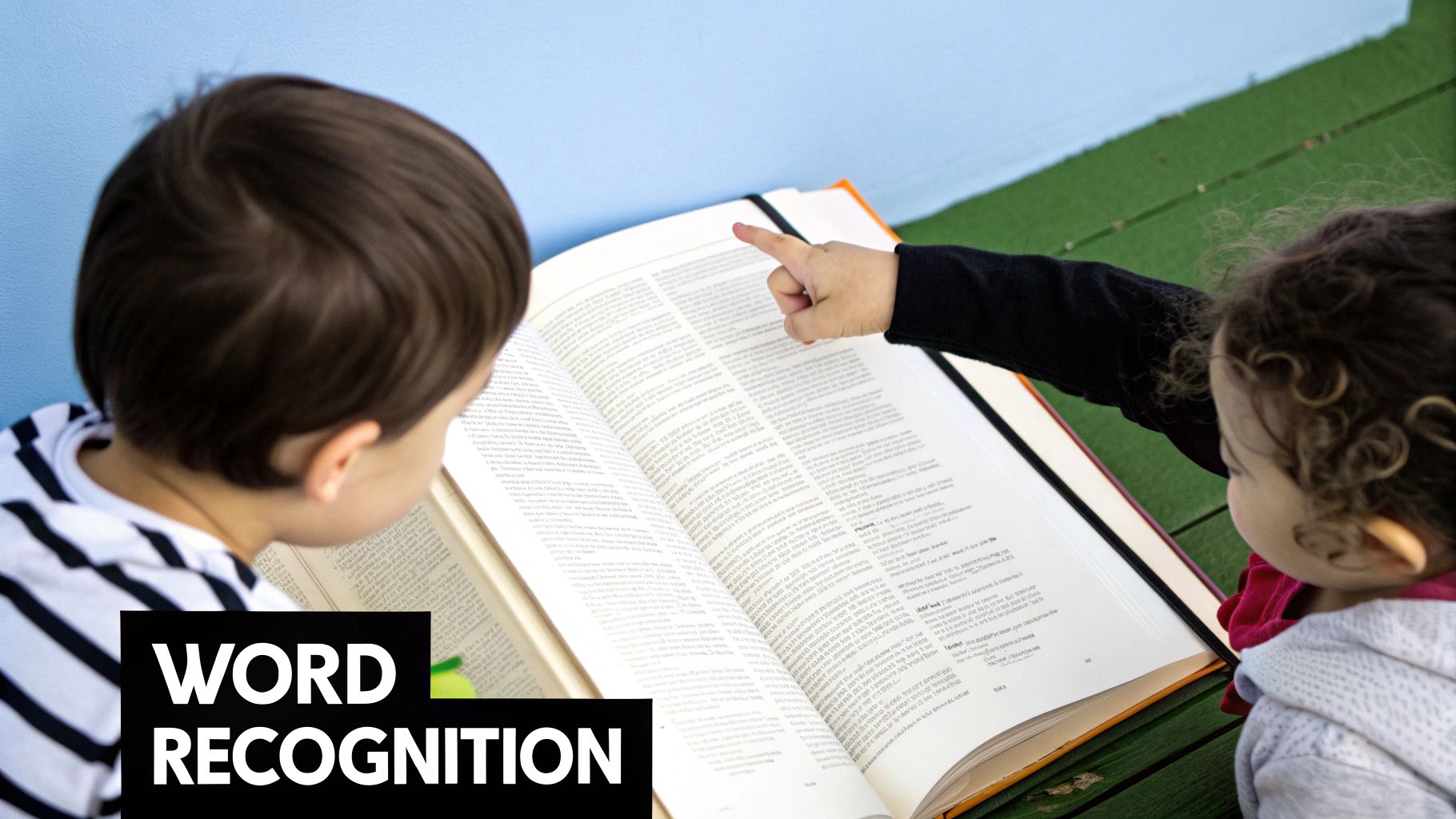 Child reading with visual aids and word cards