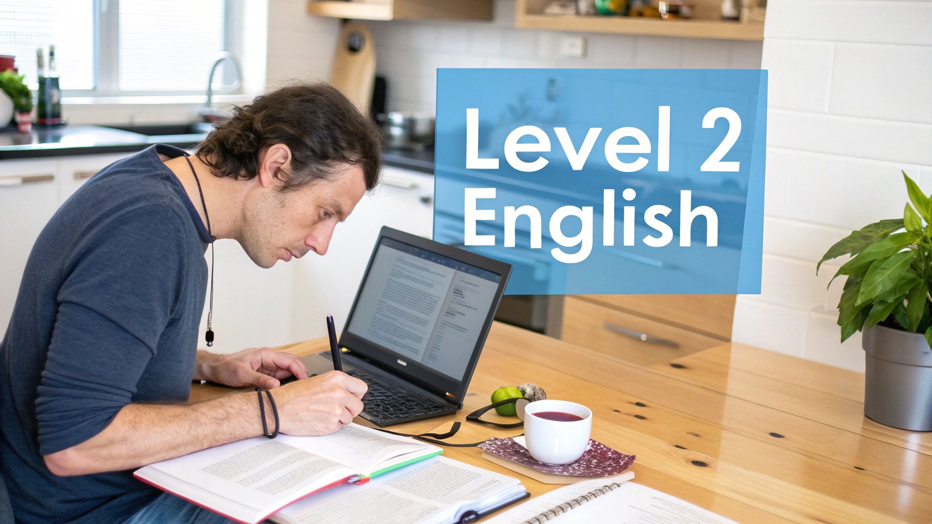 Man studying Level 2 English at a wooden table with a laptop, books, and a cup.