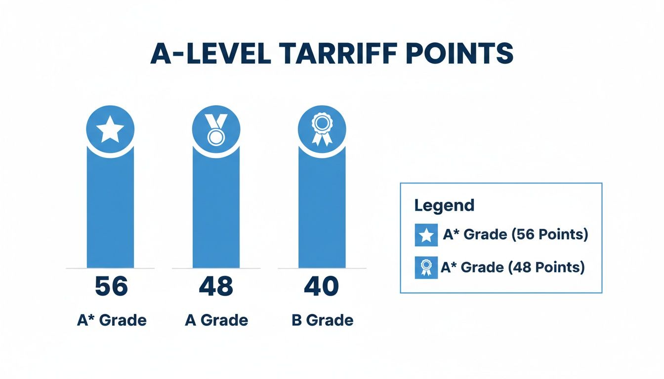 Bar chart illustrating A-Level tariff points for grades: A* (56), A (48), and B (40).