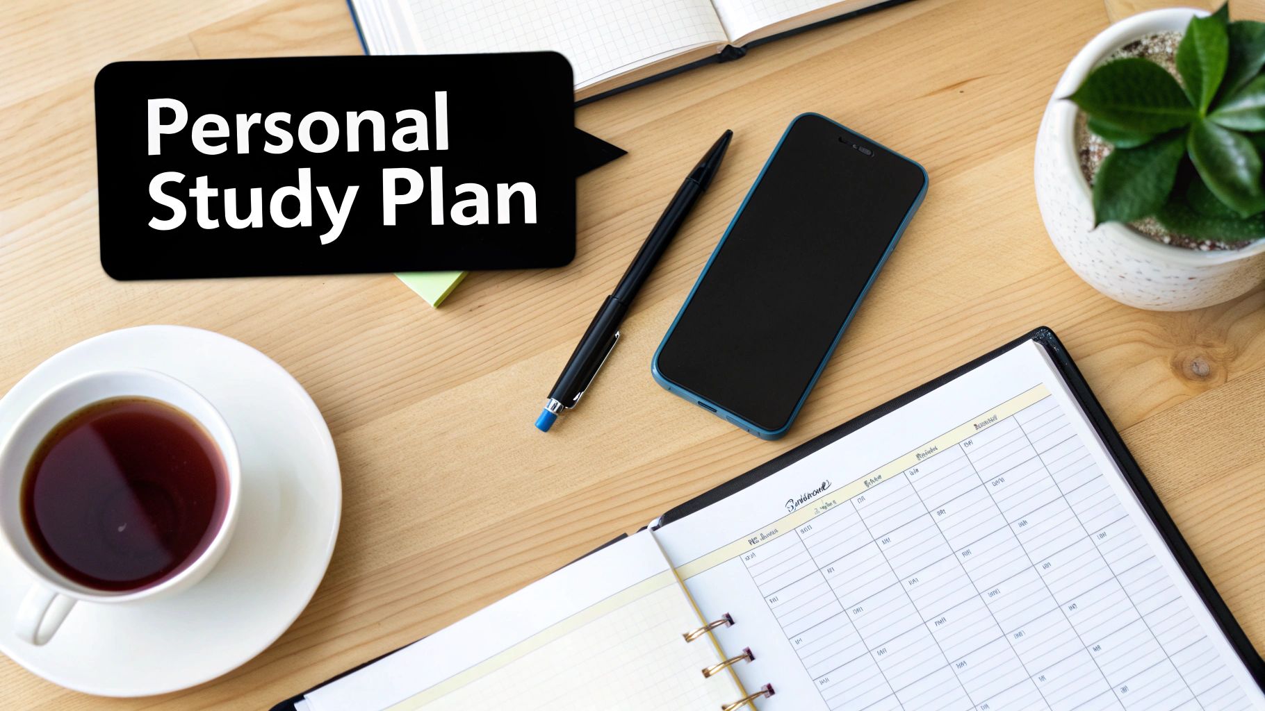 Flat lay of a wooden desk with a 'Personal Study Plan' sign, coffee cup, phone, and planner.