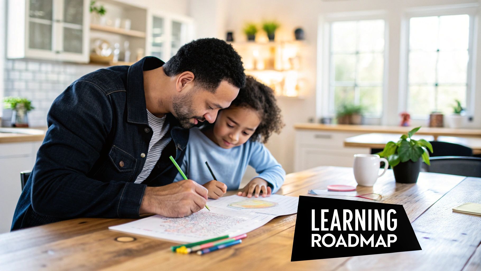A parent and child happily working together at a desk with books and learning materials.