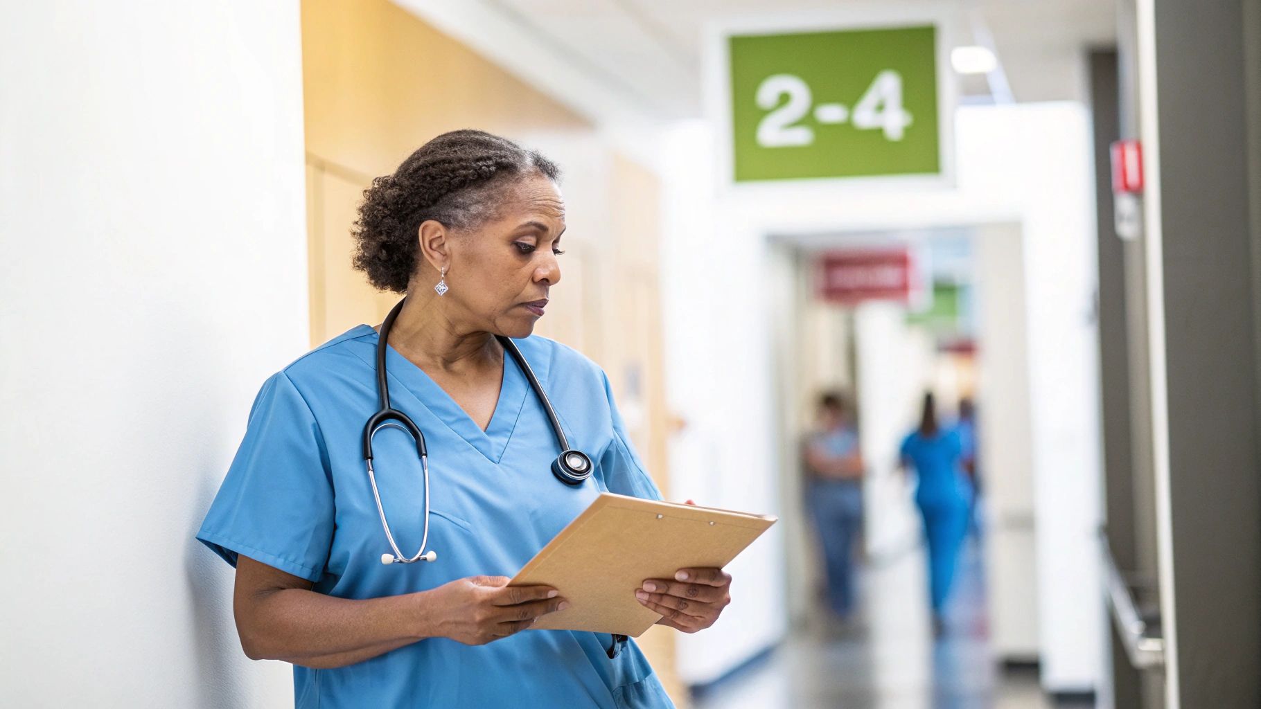 An attentive female healthcare worker in blue scrubs examining a clipboard in a hospital.