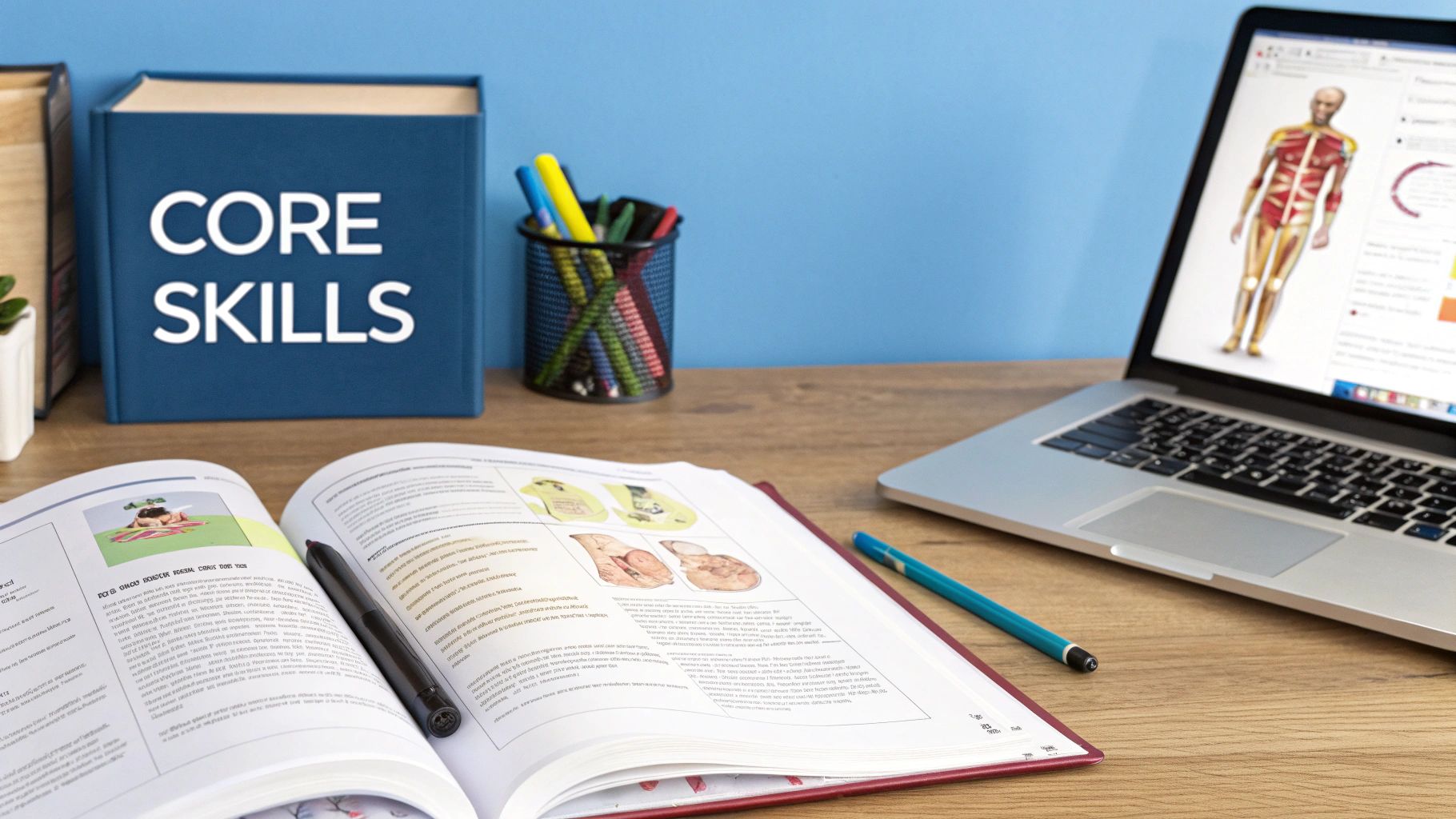 Study desk featuring a 'Core Skills' book, open textbook, and a laptop with a 3D anatomical model.