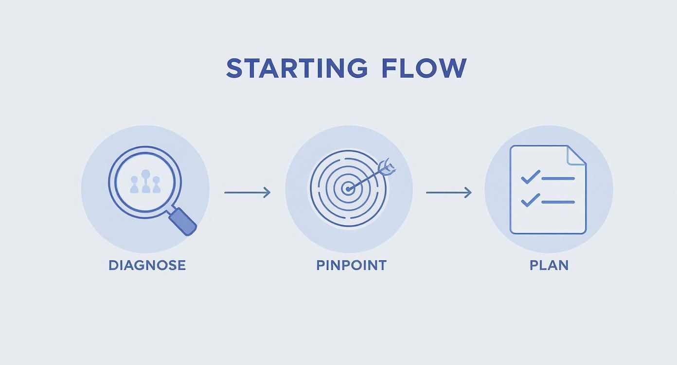 A three-step process diagram illustrating Diagnose, Pinpoint, and Plan with respective icons and arrows.