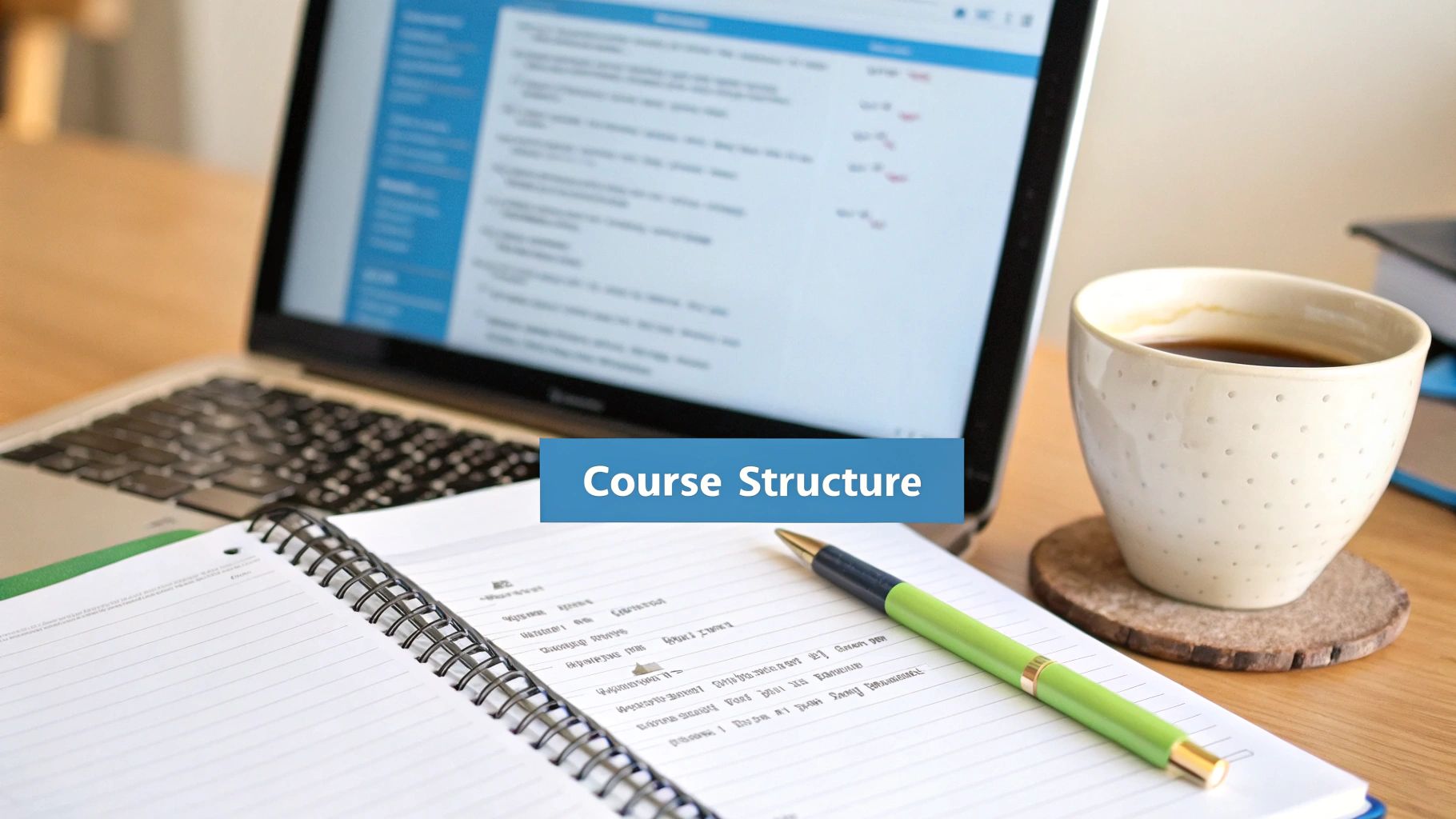 A desk setup with a laptop, notebook, and coffee, showing a typical online study environment.